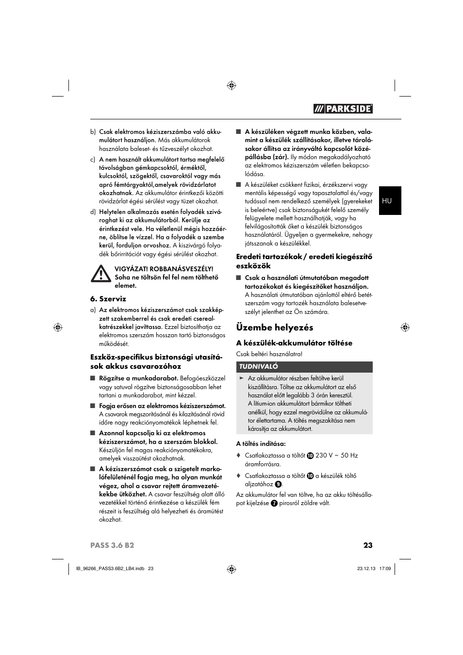Üzembe helyezés | Parkside PASS 3.6 B2 User Manual | Page 26 / 62