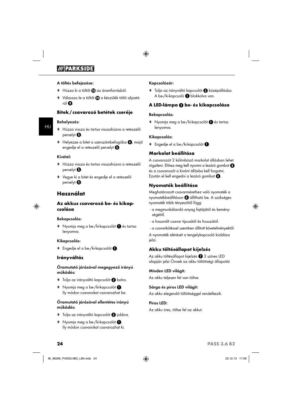 Használat | Parkside PASS 3.6 B2 User Manual | Page 27 / 62
