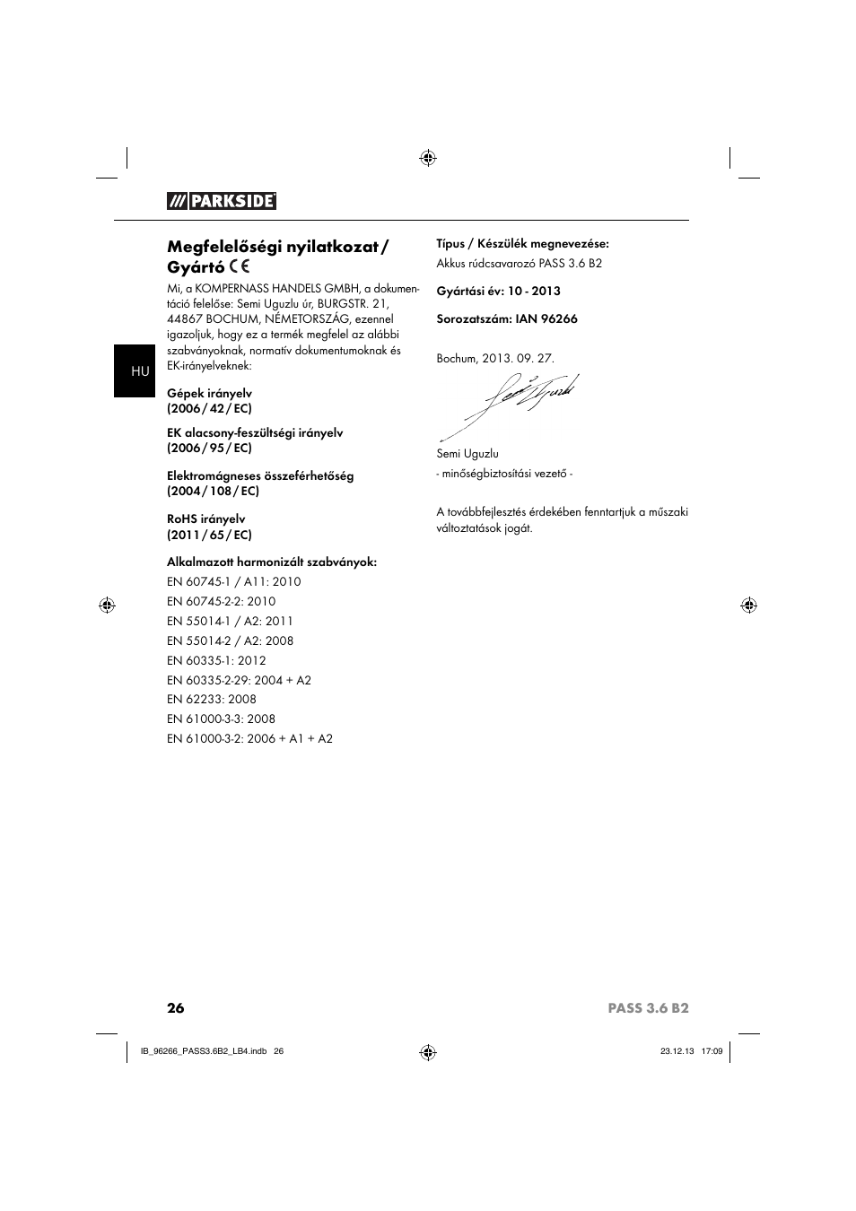 Megfelelőségi nyilatkozat / gyártó | Parkside PASS 3.6 B2 User Manual | Page 29 / 62