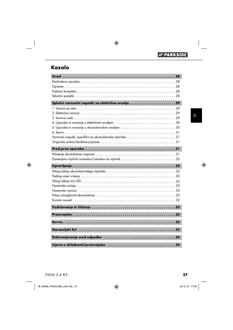 Kazalo | Parkside PASS 3.6 B2 User Manual | Page 30 / 62