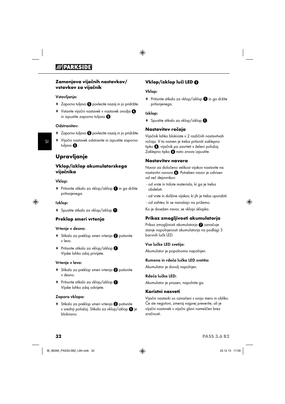 Upravljanje | Parkside PASS 3.6 B2 User Manual | Page 35 / 62