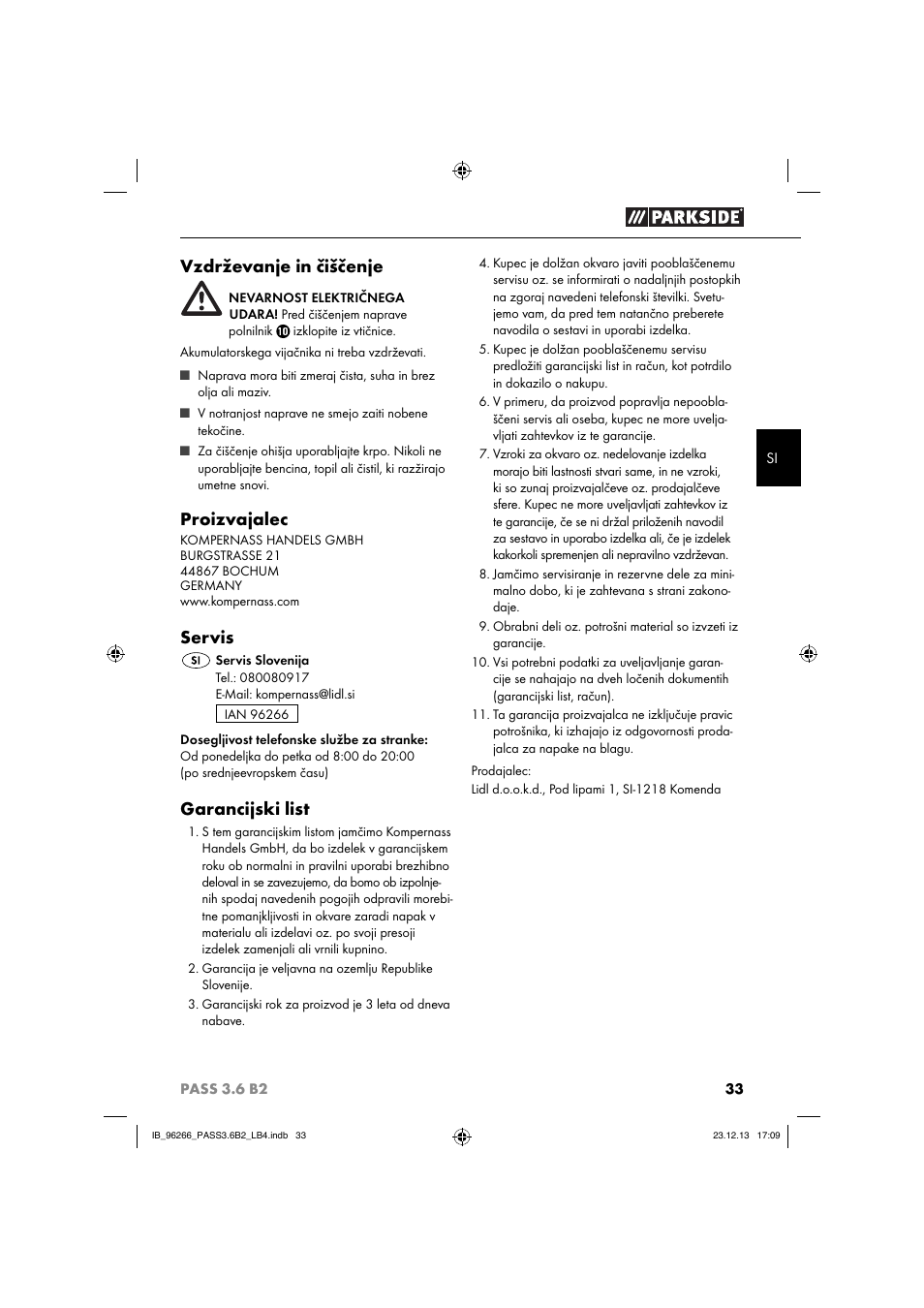 Vzdrževanje in čiščenje, Proizvajalec, Servis | Garancijski list | Parkside PASS 3.6 B2 User Manual | Page 36 / 62