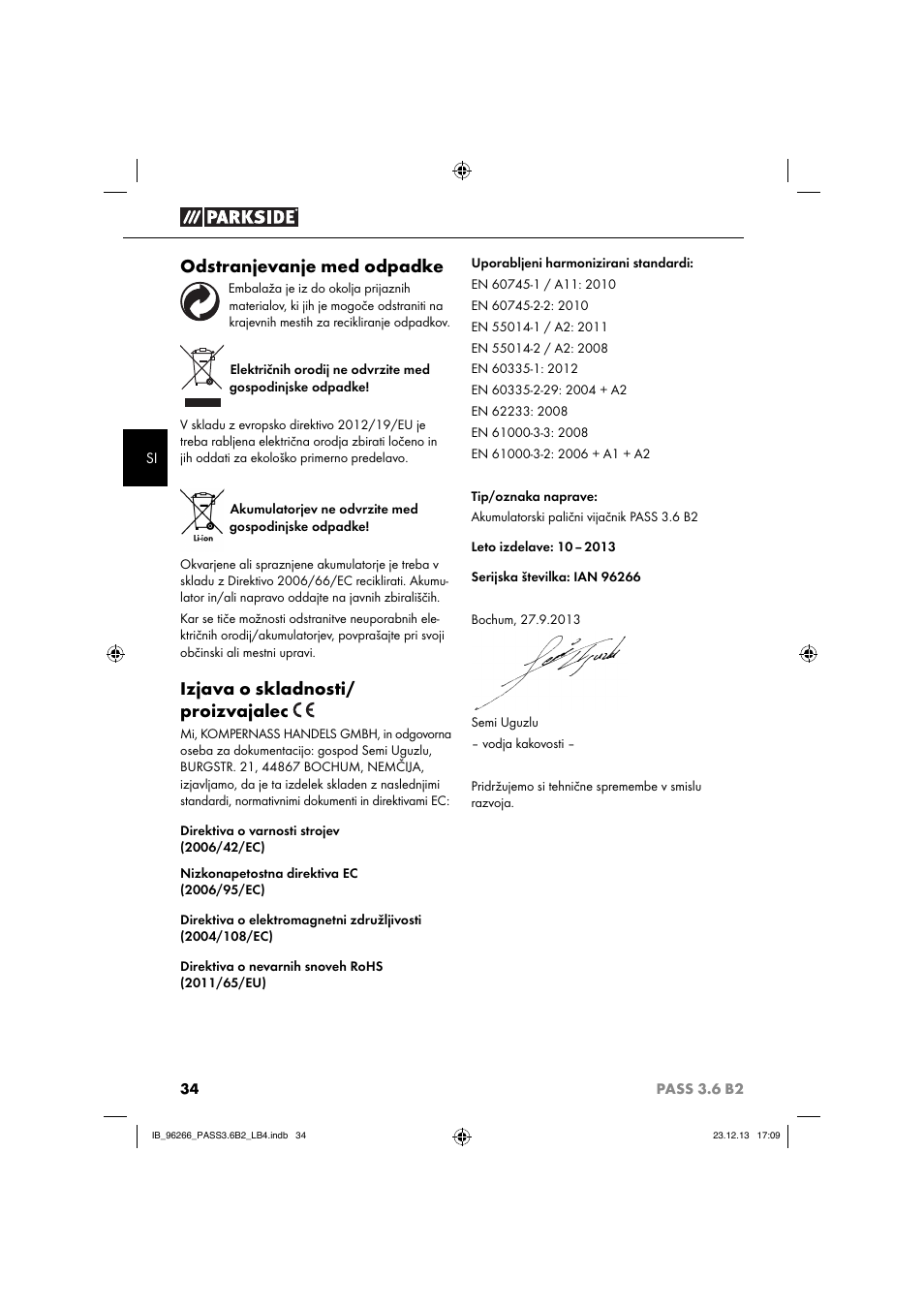 Odstranjevanje med odpadke, Izjava o skladnosti/ proizvajalec | Parkside PASS 3.6 B2 User Manual | Page 37 / 62