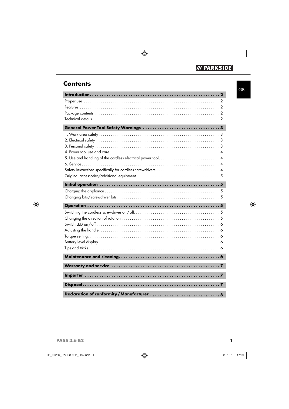 Parkside PASS 3.6 B2 User Manual | Page 4 / 62