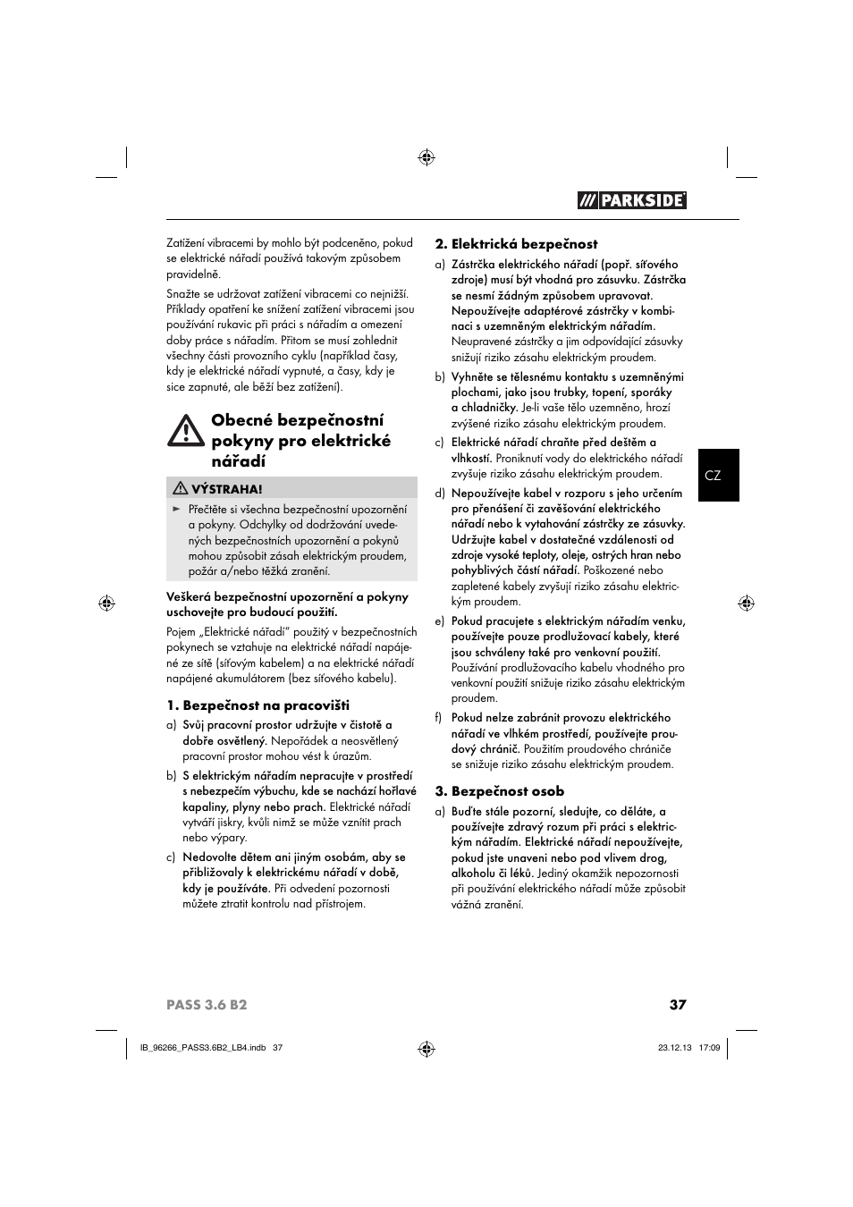 Obecné bezpečnostní pokyny pro elektrické nářadí | Parkside PASS 3.6 B2 User Manual | Page 40 / 62