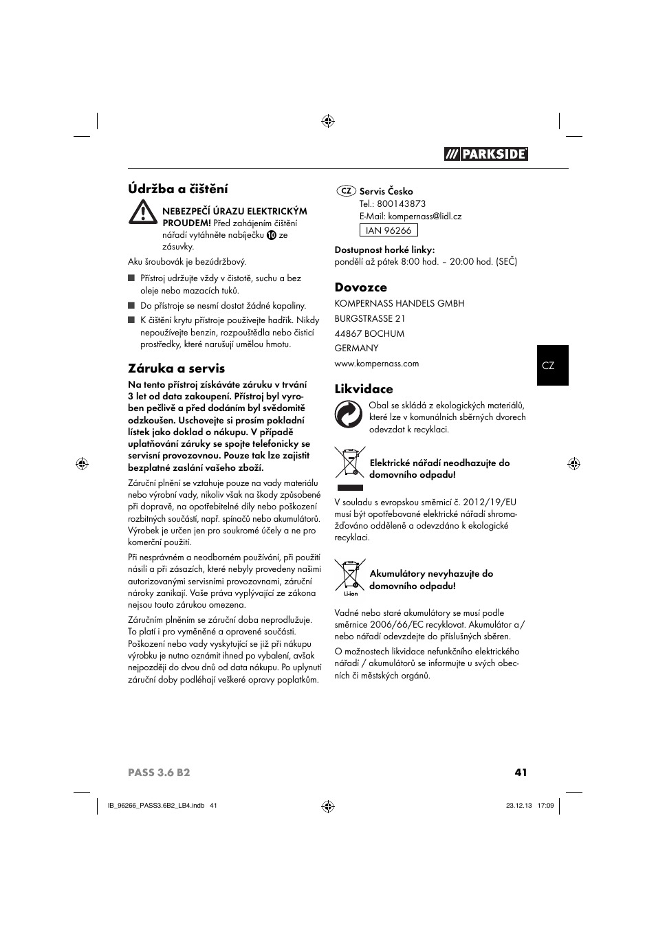 Údržba a čištění, Záruka a servis, Dovozce | Likvidace | Parkside PASS 3.6 B2 User Manual | Page 44 / 62