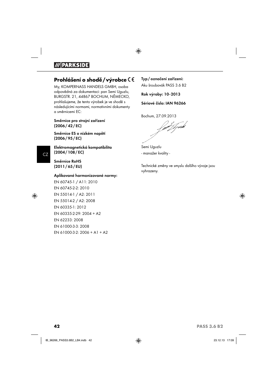 Prohlášení o shodě / výrobce | Parkside PASS 3.6 B2 User Manual | Page 45 / 62