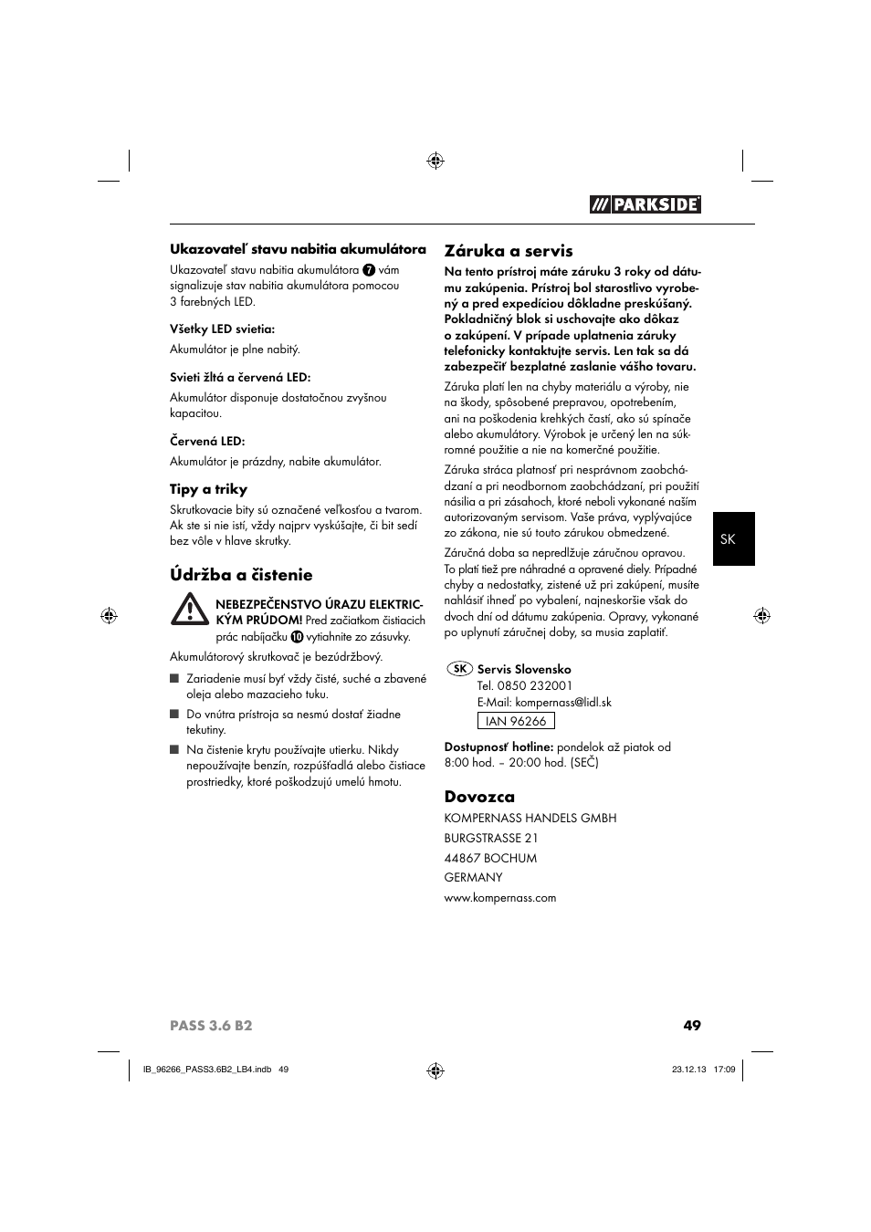 Údržba a čistenie, Záruka a servis, Dovozca | Parkside PASS 3.6 B2 User Manual | Page 52 / 62