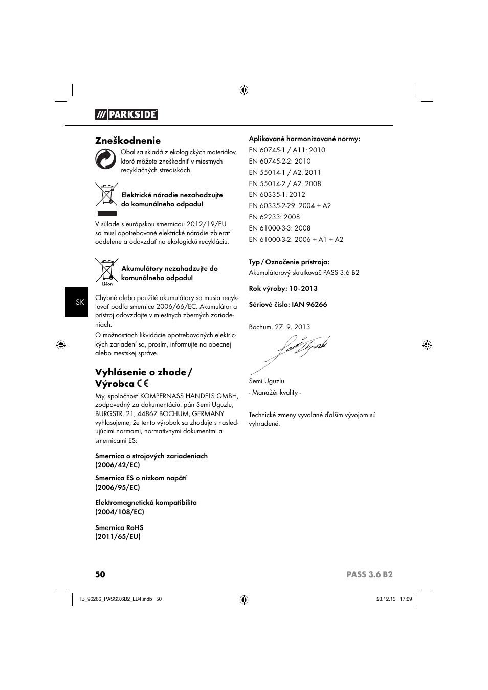 Zneškodnenie, Vyhlásenie o zhode / výrobca | Parkside PASS 3.6 B2 User Manual | Page 53 / 62