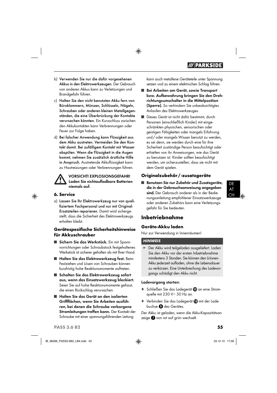 Inbetriebnahme | Parkside PASS 3.6 B2 User Manual | Page 58 / 62
