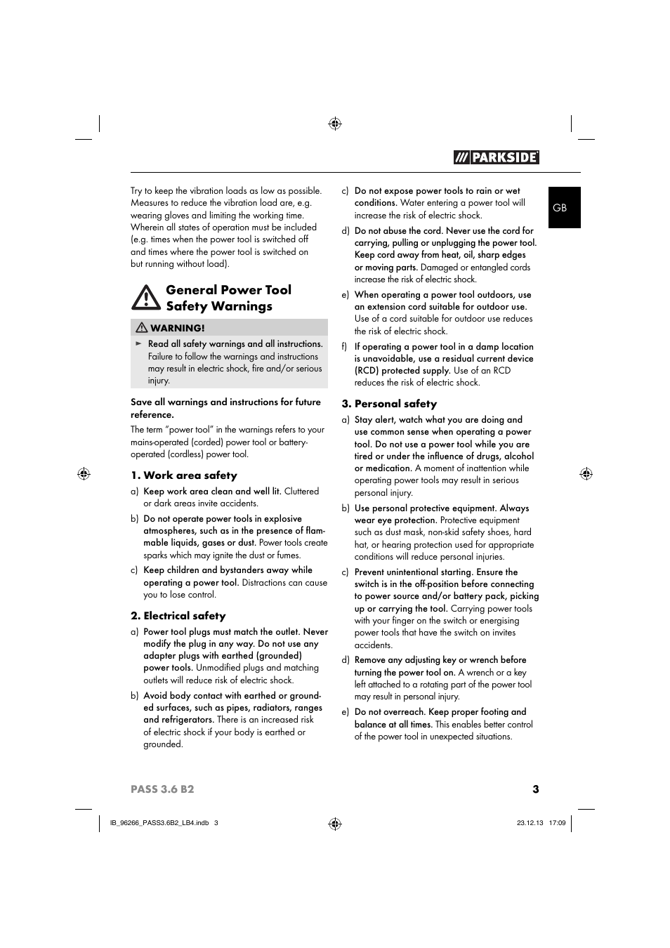 General power tool safety warnings | Parkside PASS 3.6 B2 User Manual | Page 6 / 62