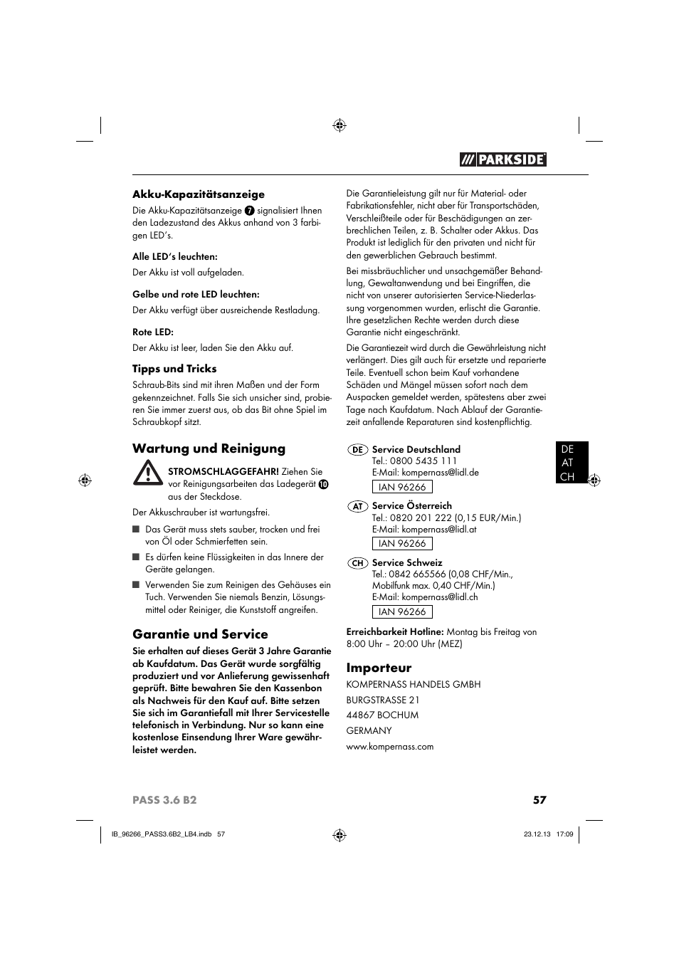 Wartung und reinigung, Garantie und service, Importeur | Parkside PASS 3.6 B2 User Manual | Page 60 / 62