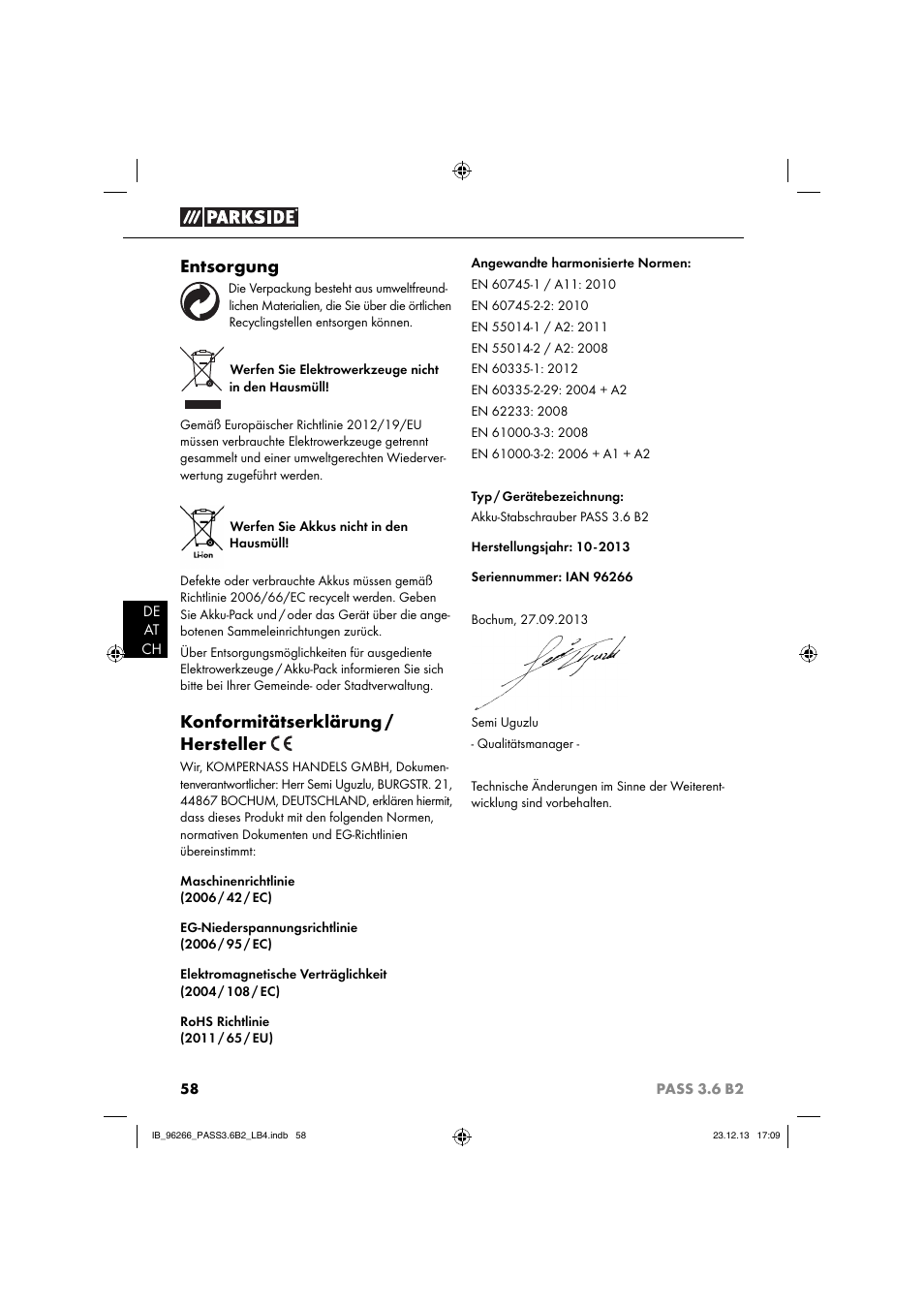 Entsorgung, Konformitätserklärung / hersteller | Parkside PASS 3.6 B2 User Manual | Page 61 / 62