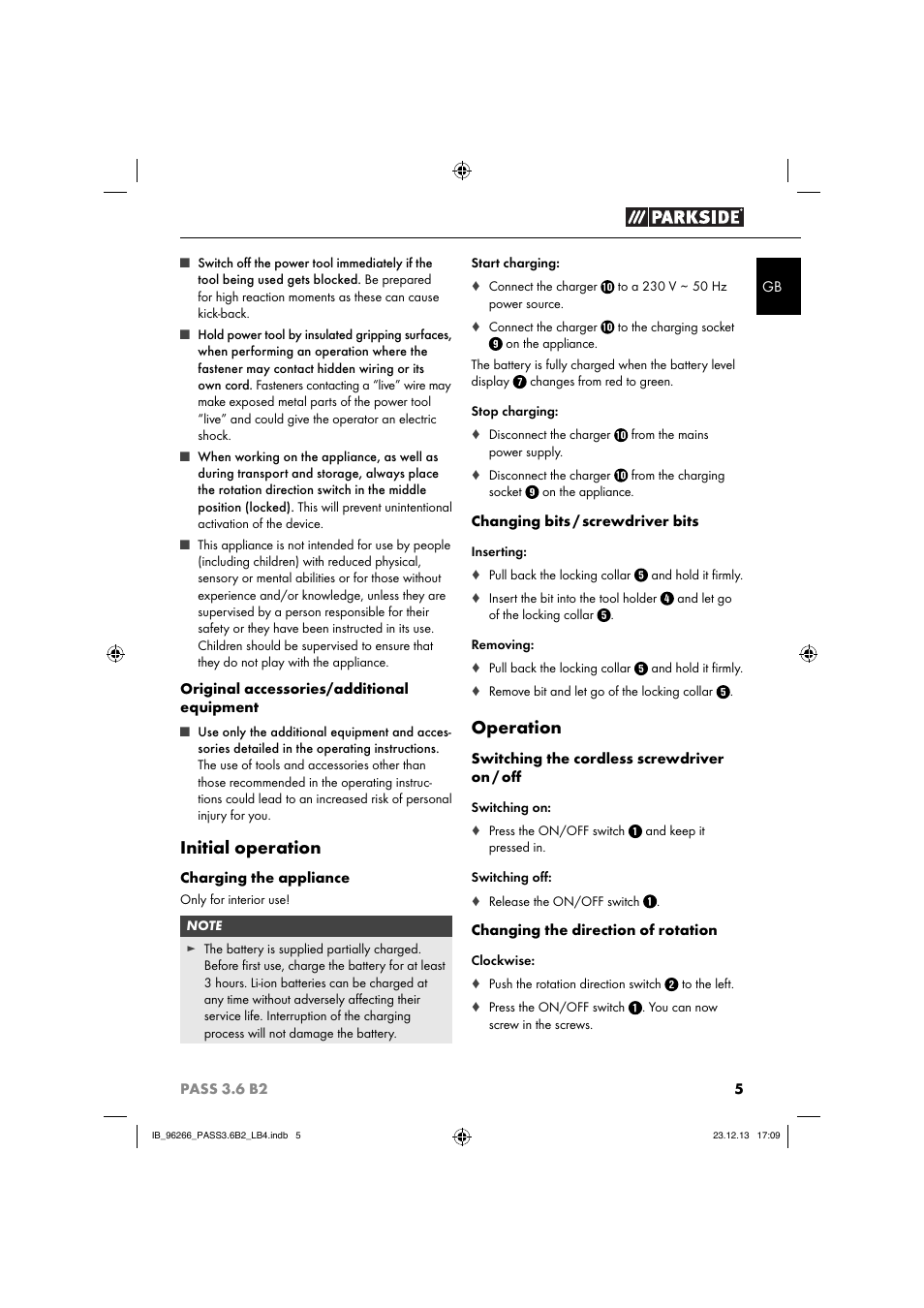 Initial operation, Operation | Parkside PASS 3.6 B2 User Manual | Page 8 / 62