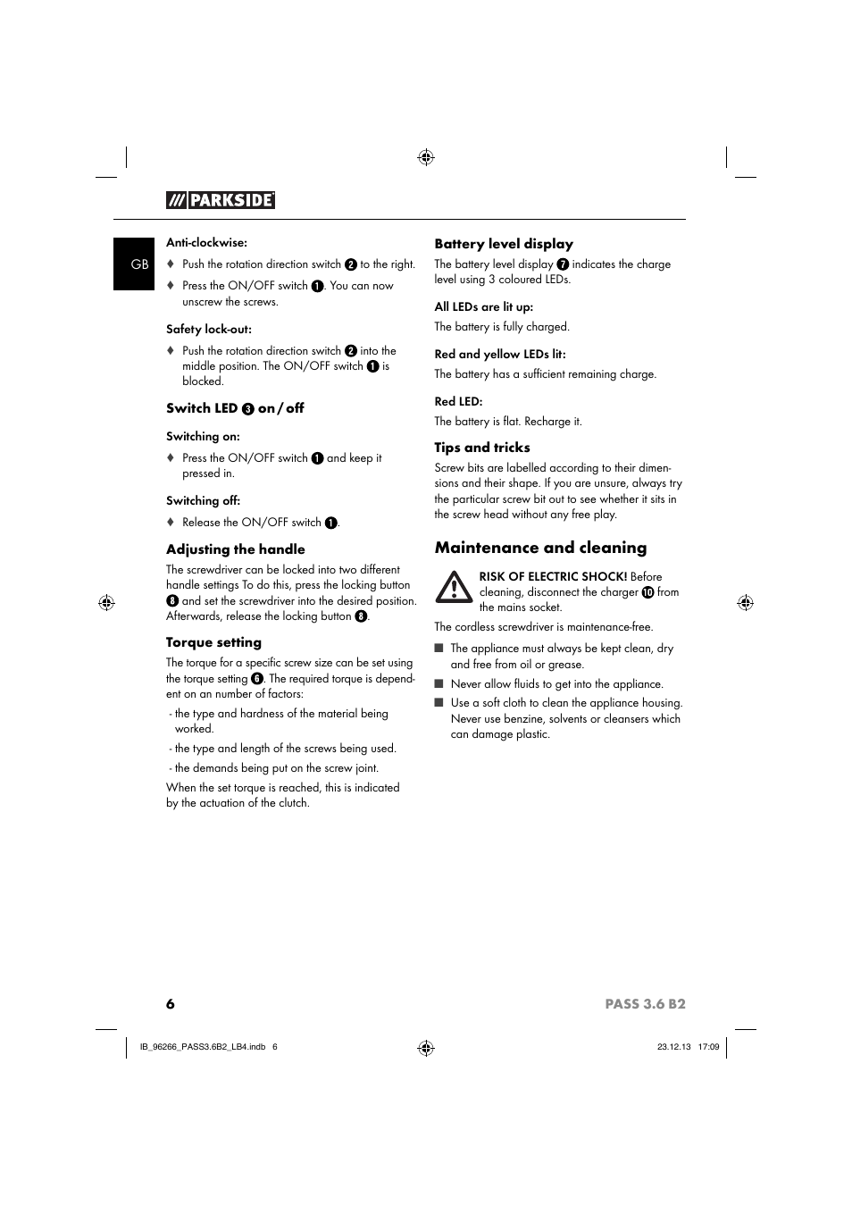 Maintenance and cleaning | Parkside PASS 3.6 B2 User Manual | Page 9 / 62