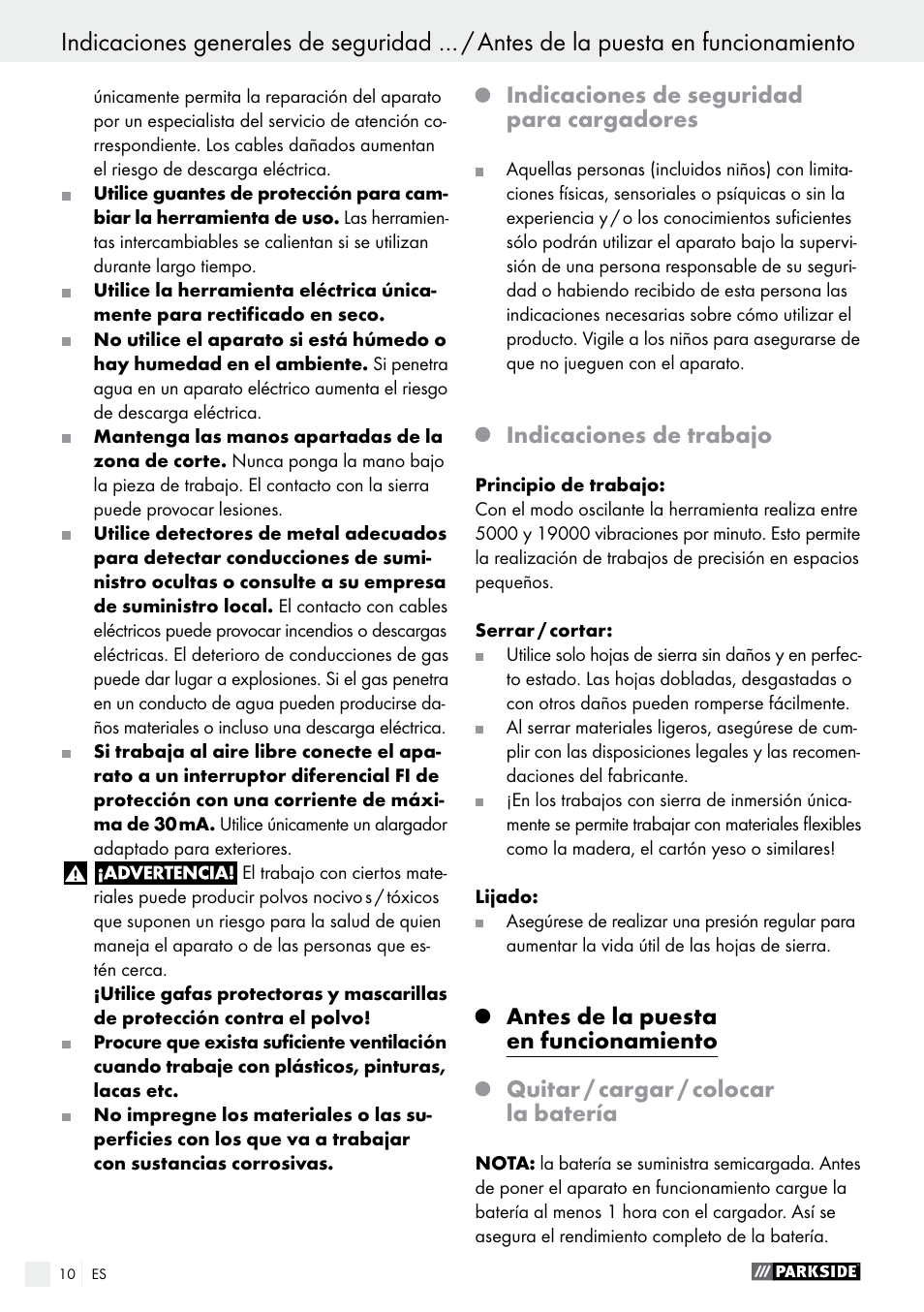Indicaciones de seguridad para cargadores, Indicaciones de trabajo | Parkside PAMFW 10.8 A1 User Manual | Page 10 / 45