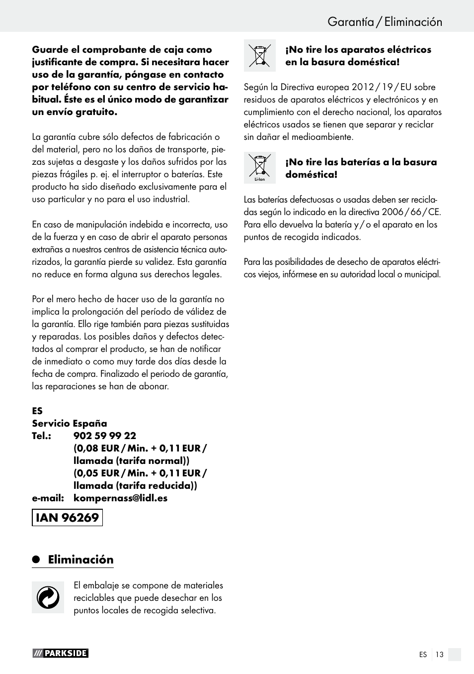 Eliminación | Parkside PAMFW 10.8 A1 User Manual | Page 13 / 45