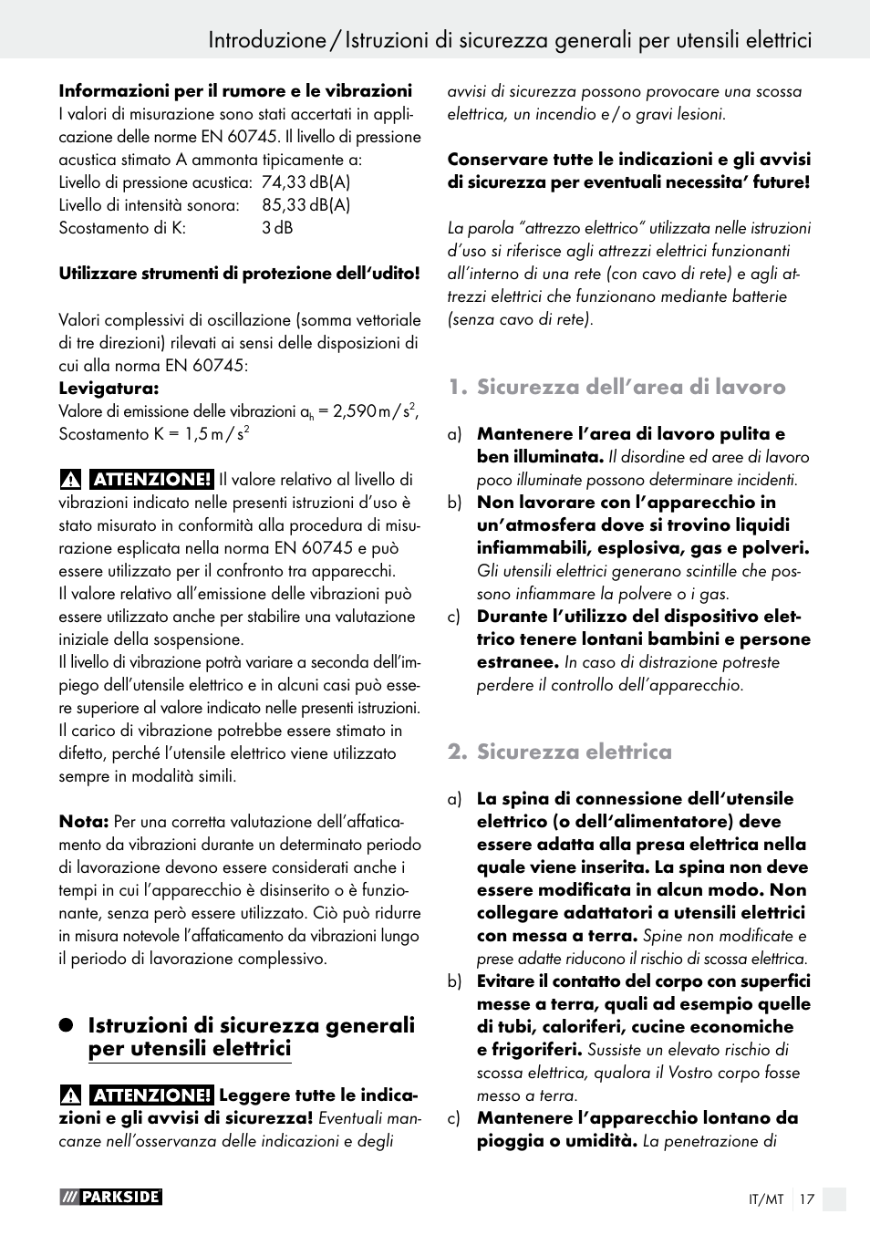 Introduzione, Sicurezza dell’area di lavoro, Sicurezza elettrica | Parkside PAMFW 10.8 A1 User Manual | Page 17 / 45