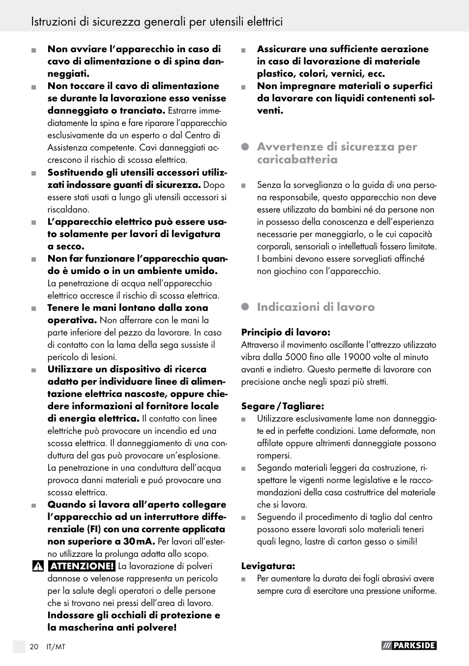 Avvertenze di sicurezza per caricabatteria, Indicazioni di lavoro | Parkside PAMFW 10.8 A1 User Manual | Page 20 / 45