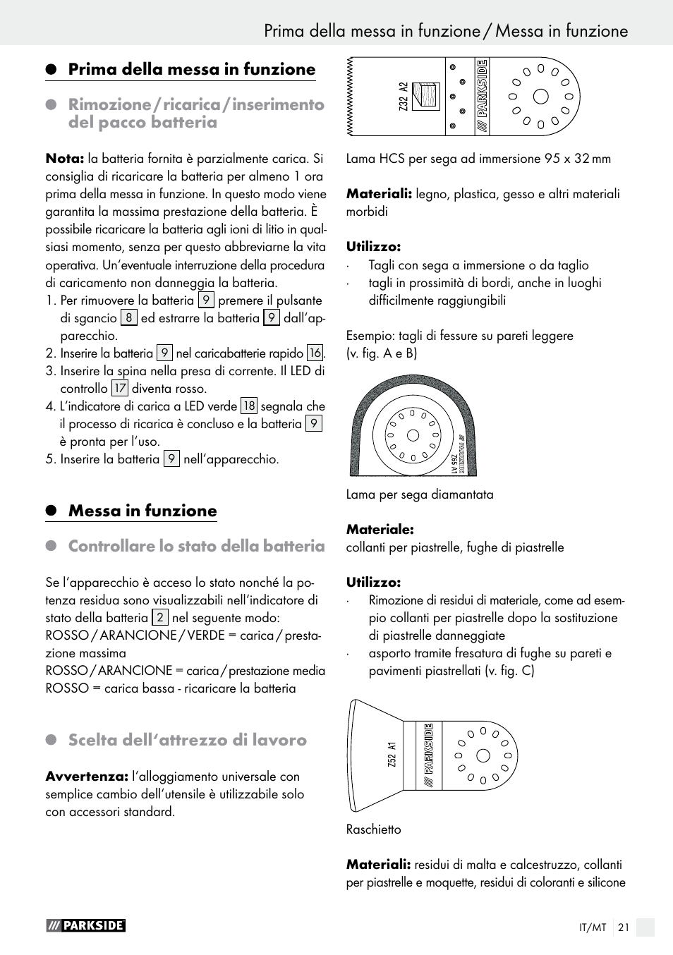 Prima della messa in funzione / messa in funzione, Scelta dell‘attrezzo di lavoro | Parkside PAMFW 10.8 A1 User Manual | Page 21 / 45