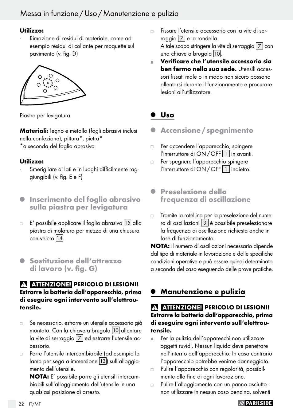 Sostituzione dell‘attrezzo di lavoro (v. fig. g), Accensione / spegnimento, Preselezione della frequenza di oscillazione | Manutenzione e pulizia | Parkside PAMFW 10.8 A1 User Manual | Page 22 / 45