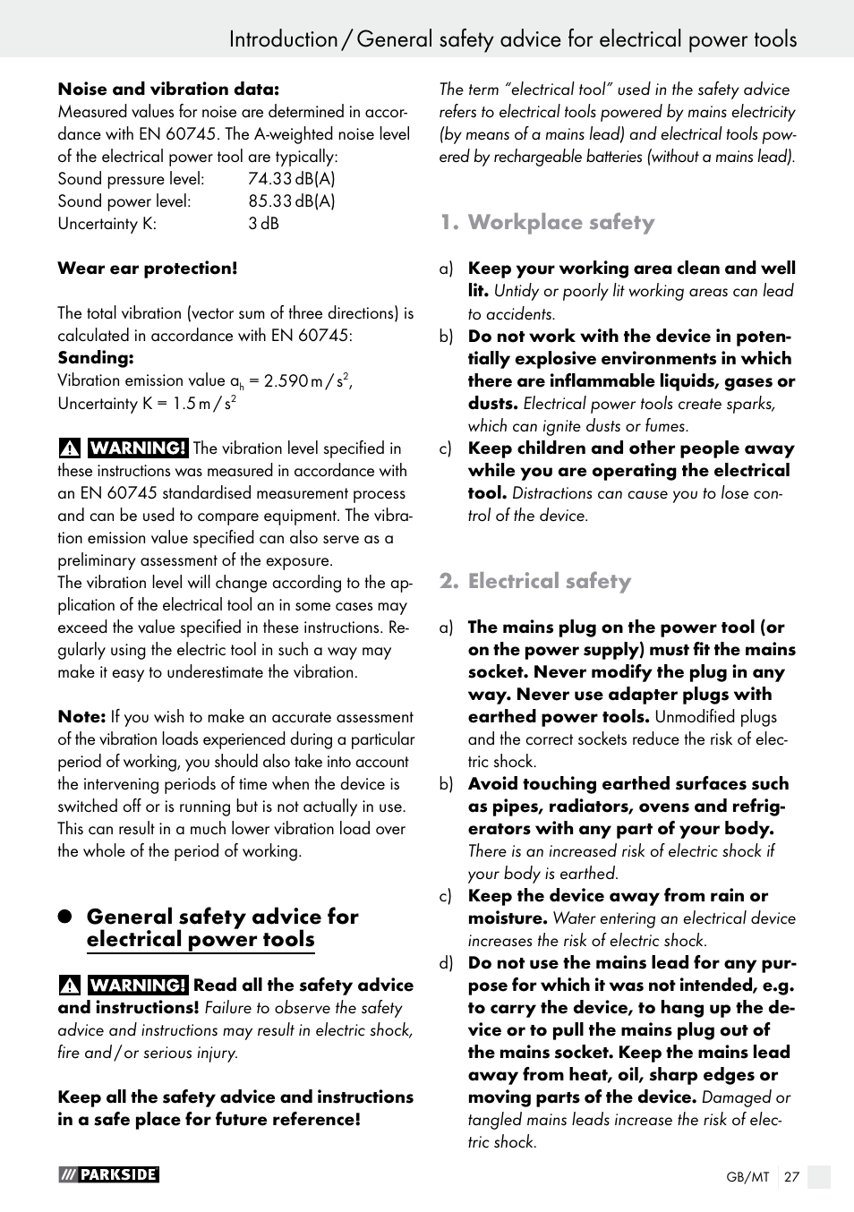 General safety advice for electrical power tools, Workplace safety, Electrical safety | Parkside PAMFW 10.8 A1 User Manual | Page 27 / 45