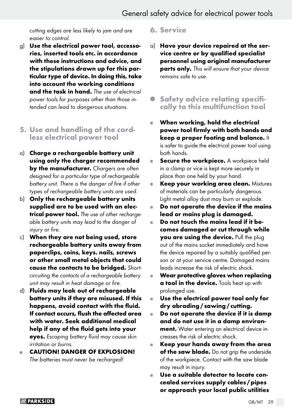 General safety advice for electrical power tools, Service | Parkside PAMFW 10.8 A1 User Manual | Page 29 / 45