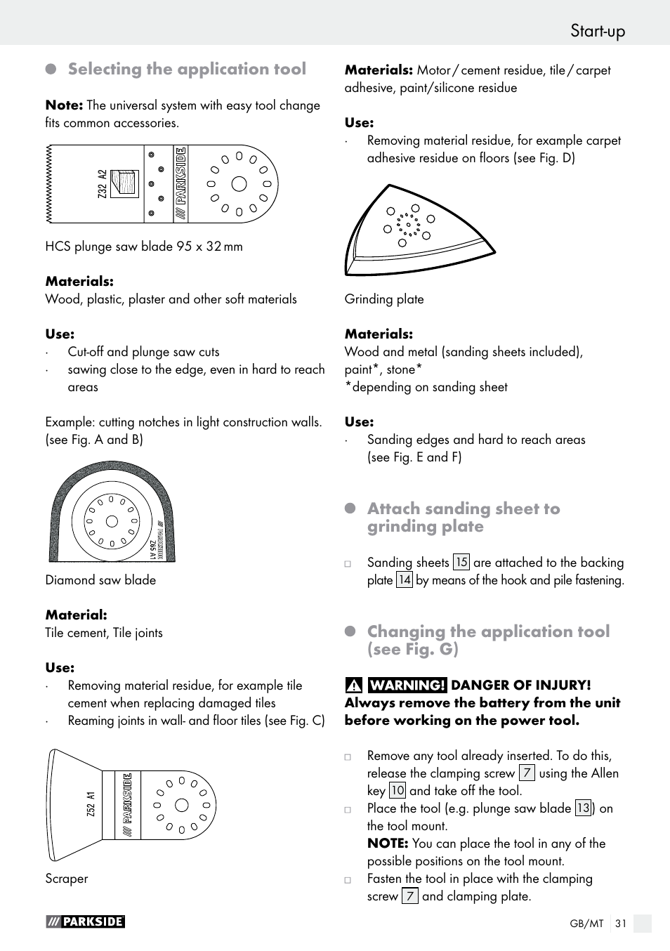 Selecting the application tool, Attach sanding sheet to grinding plate, Changing the application tool (see fig. g) | Parkside PAMFW 10.8 A1 User Manual | Page 31 / 45