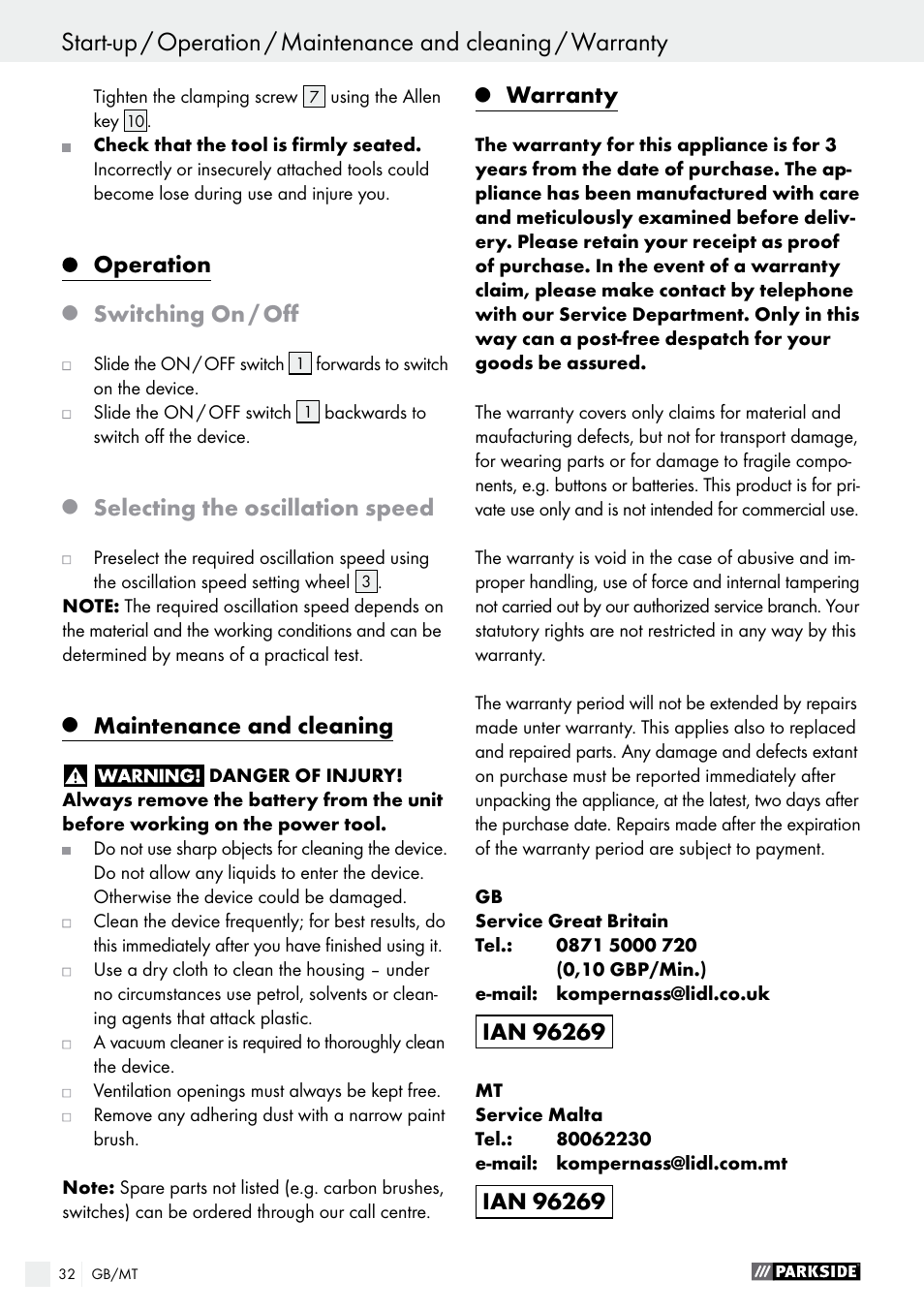 Operation, Switching on / off, Selecting the oscillation speed | Maintenance and cleaning, Warranty | Parkside PAMFW 10.8 A1 User Manual | Page 32 / 45