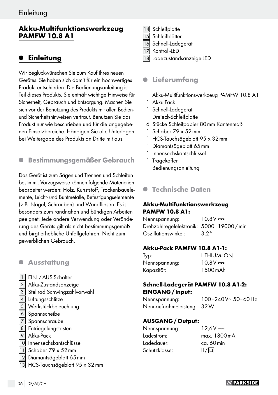 Einleitung, Akku-multifunktionswerkzeug pamfw 10.8 a1, Bestimmungsgemäßer gebrauch | Ausstattung, Lieferumfang, Technische daten | Parkside PAMFW 10.8 A1 User Manual | Page 36 / 45