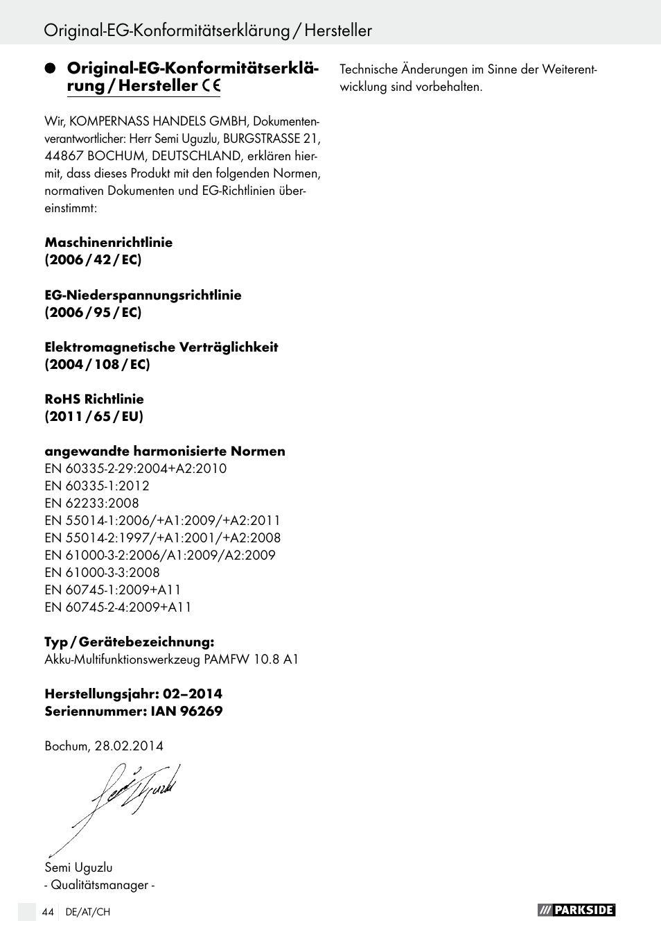 Original-eg-konformitätserklärung / hersteller | Parkside PAMFW 10.8 A1 User Manual | Page 44 / 45