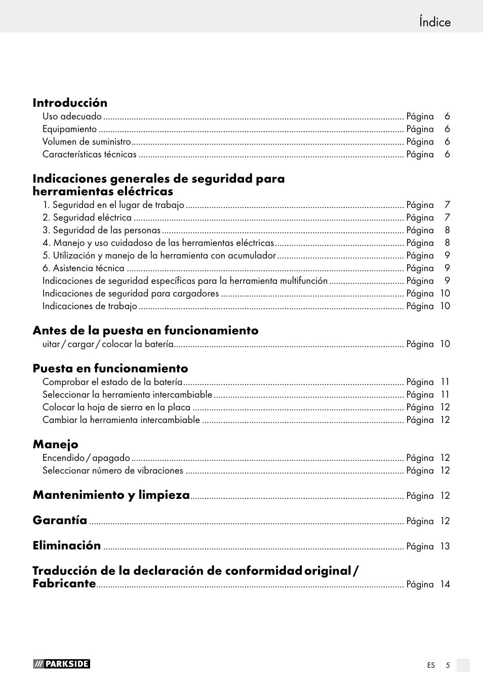 Índice | Parkside PAMFW 10.8 A1 User Manual | Page 5 / 45