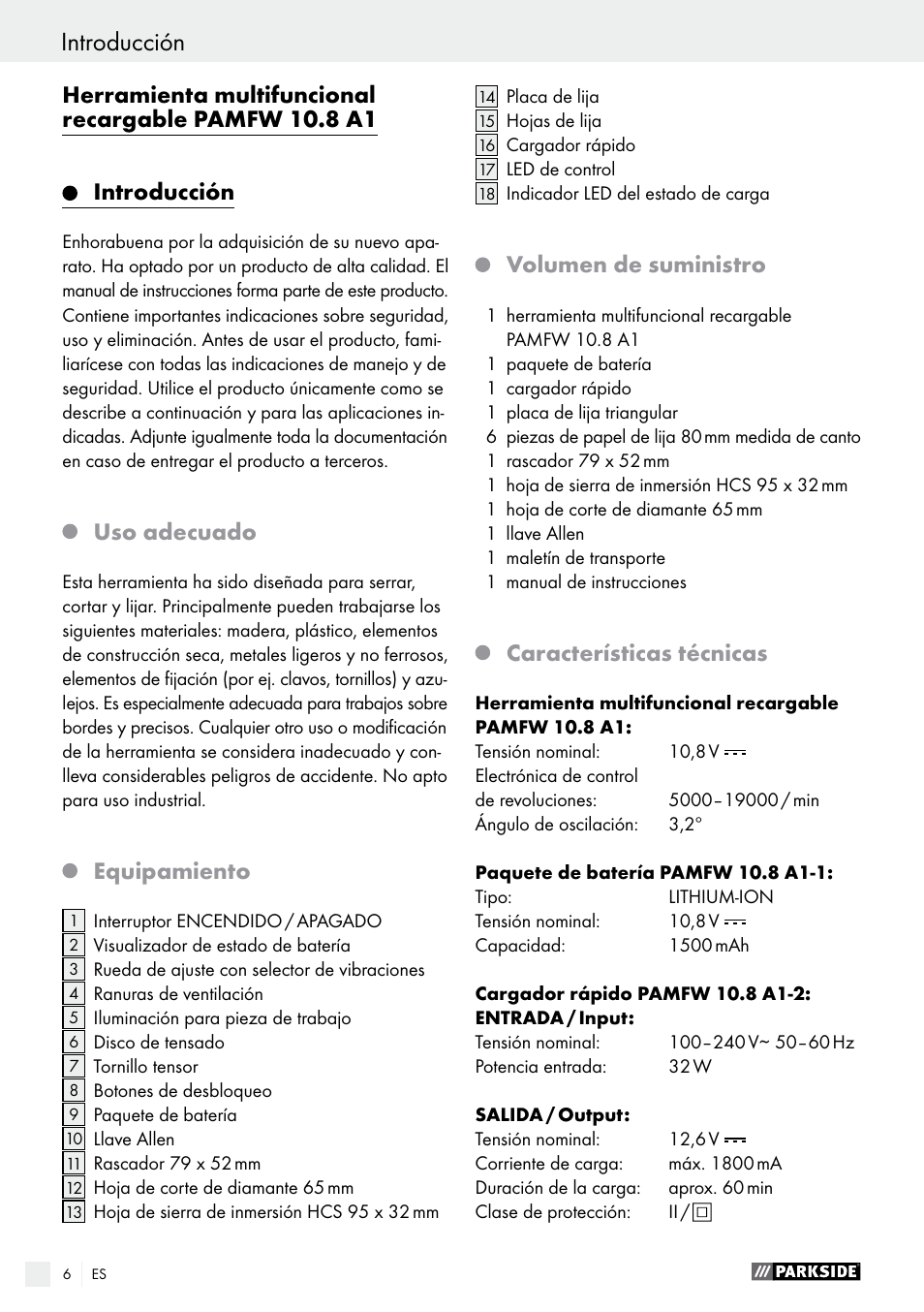 Uso adecuado, Equipamiento, Volumen de suministro | Características técnicas | Parkside PAMFW 10.8 A1 User Manual | Page 6 / 45