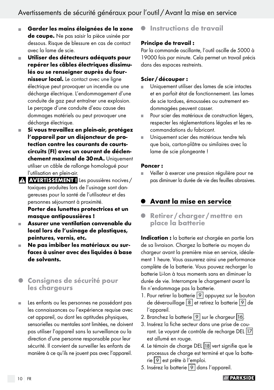 Consignes de sécurité pour les chargeurs, Instructions de travail | Parkside PAMFW 10.8 A1 User Manual | Page 10 / 34