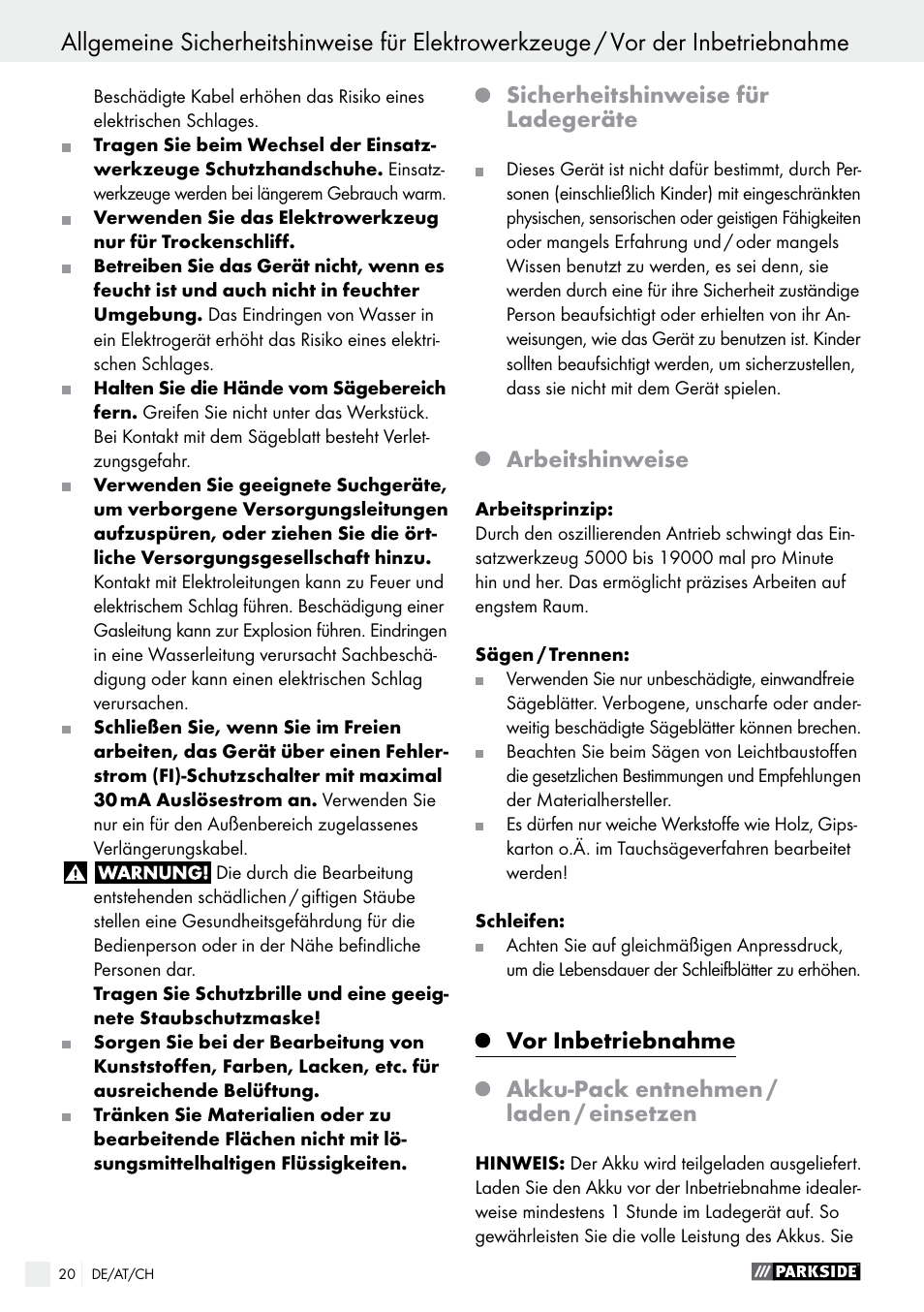 Sicherheitshinweise für ladegeräte, Arbeitshinweise | Parkside PAMFW 10.8 A1 User Manual | Page 20 / 34