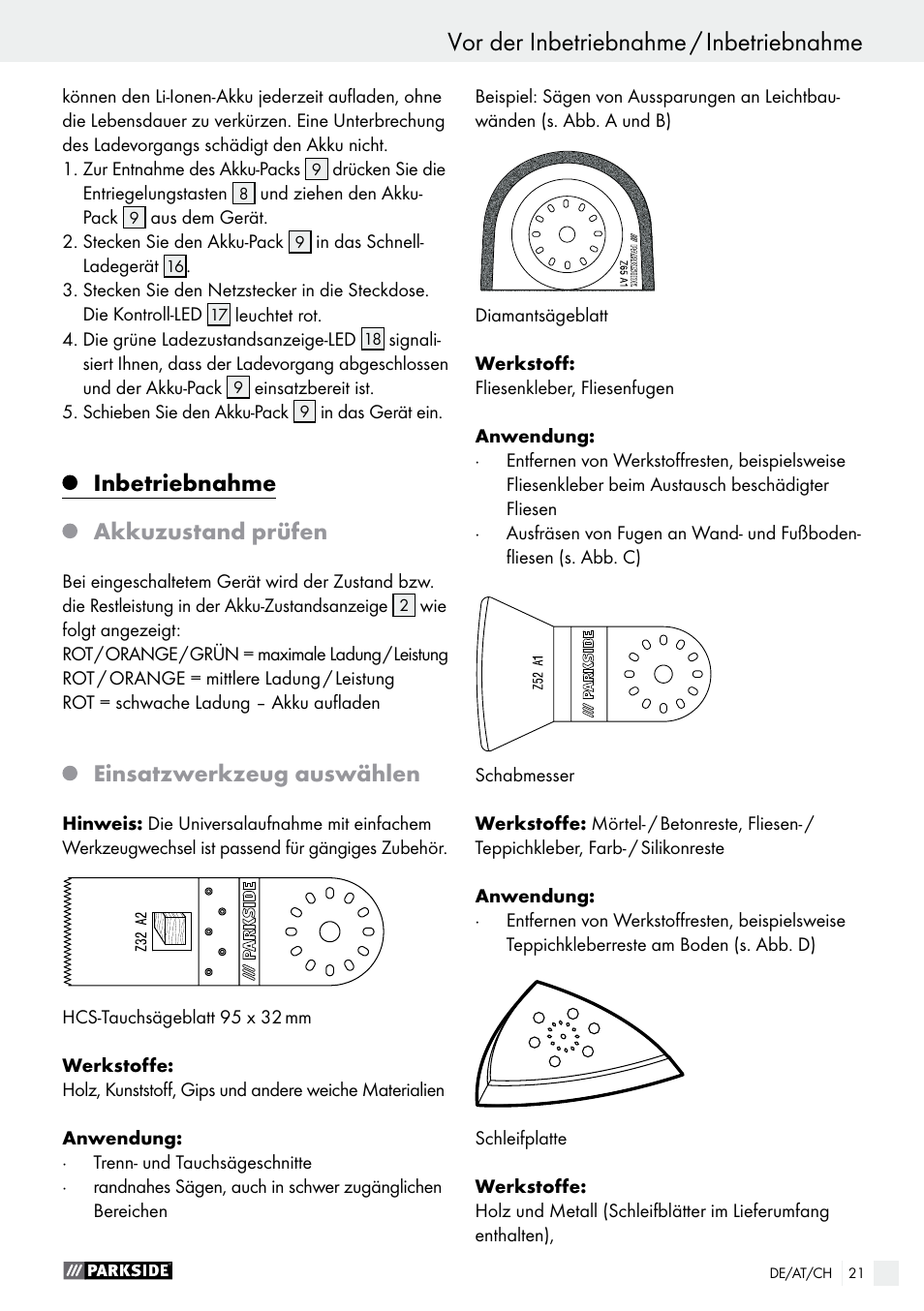 Vor der inbetriebnahme / inbetriebnahme, Inbetriebnahme akkuzustand prüfen, Einsatzwerkzeug auswählen | Parkside PAMFW 10.8 A1 User Manual | Page 21 / 34