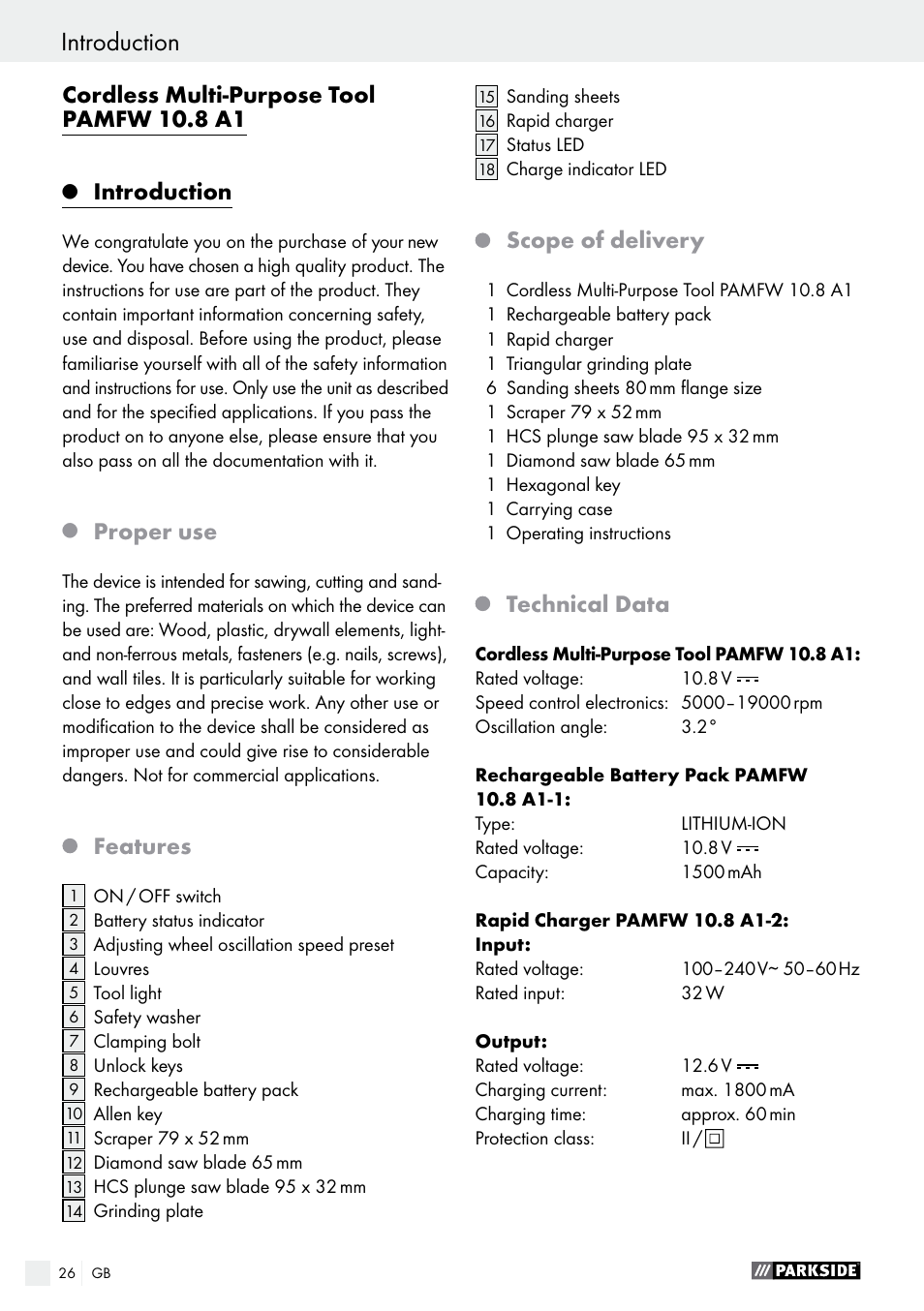 Cordless multi-purpose tool pamfw 10.8 a1, Introduction, Proper use | Features, Scope of delivery, Technical data | Parkside PAMFW 10.8 A1 User Manual | Page 26 / 34