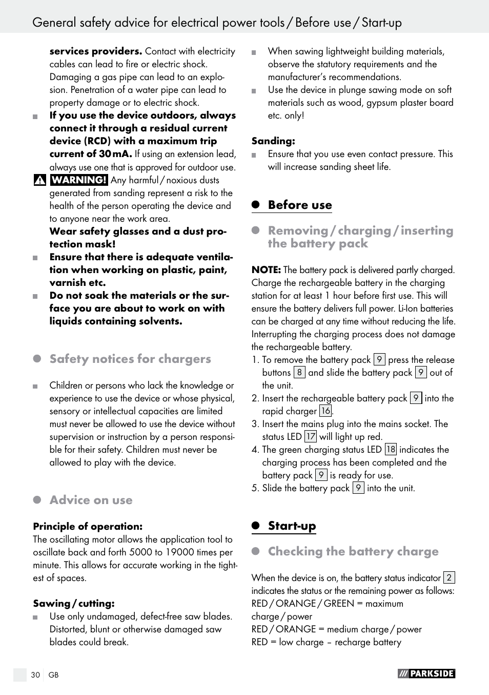 Safety notices for chargers, Advice on use, Start-up checking the battery charge | Parkside PAMFW 10.8 A1 User Manual | Page 30 / 34