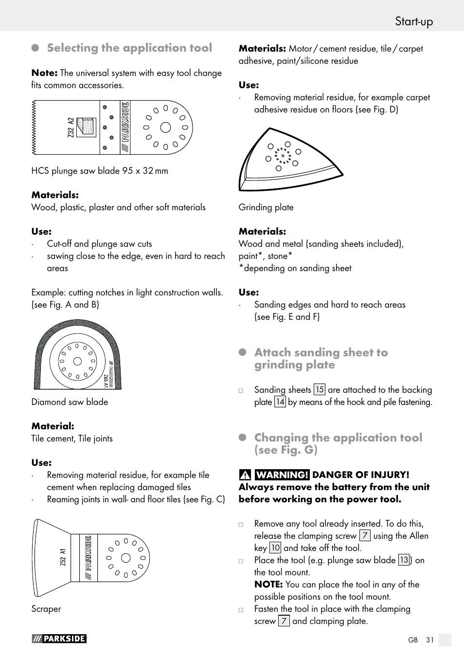 Selecting the application tool, Attach sanding sheet to grinding plate, Changing the application tool (see fig. g) | Parkside PAMFW 10.8 A1 User Manual | Page 31 / 34