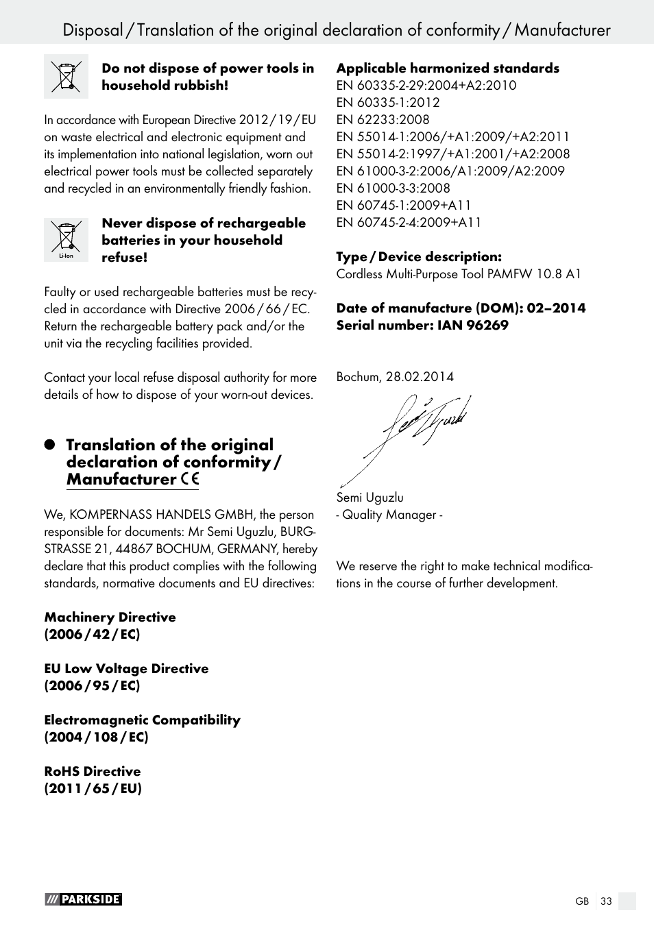 Parkside PAMFW 10.8 A1 User Manual | Page 33 / 34