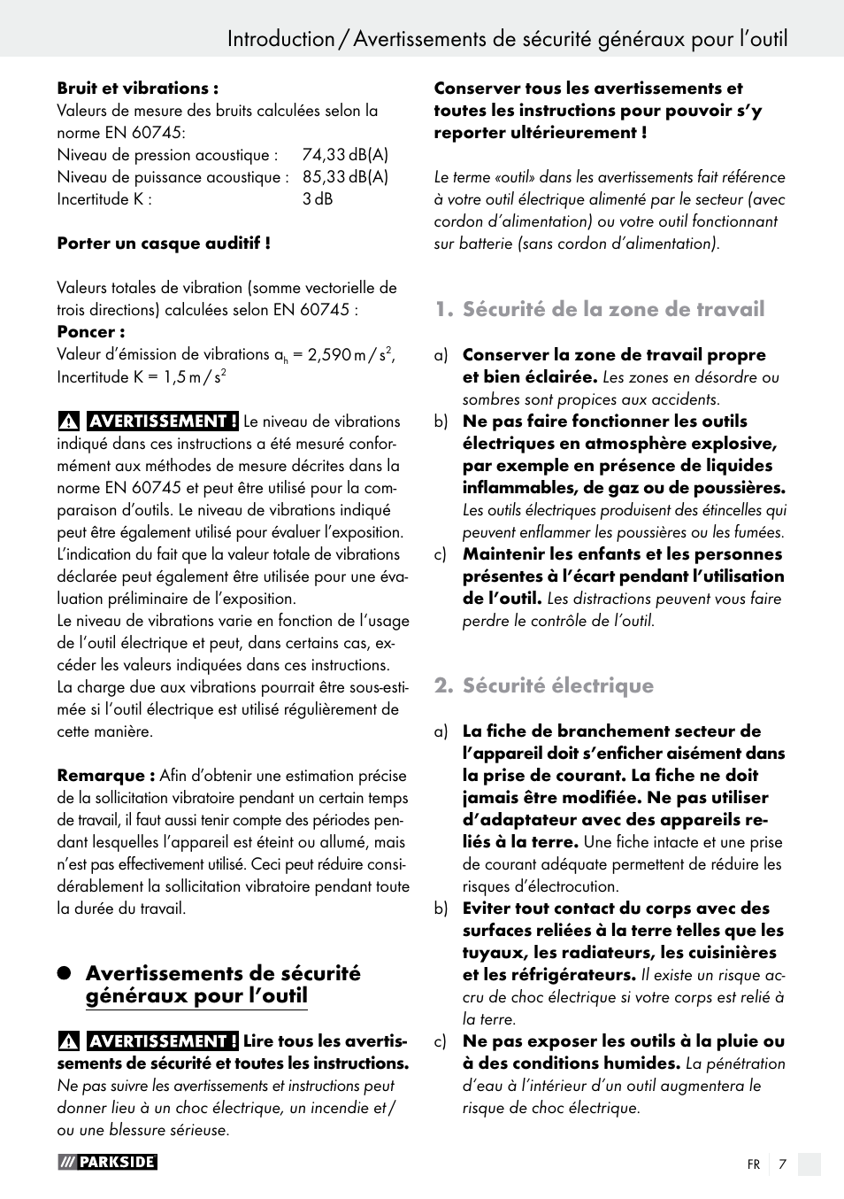 Avertissements de sécurité généraux pour l’outil, Sécurité de la zone de travail, Sécurité électrique | Parkside PAMFW 10.8 A1 User Manual | Page 7 / 34