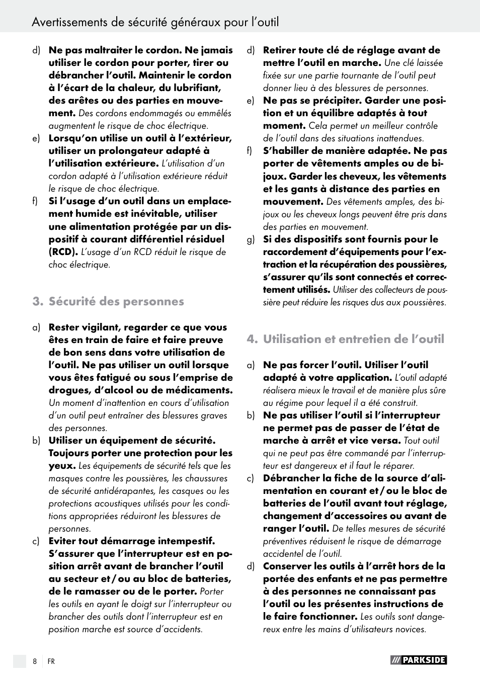 Avertissements de sécurité généraux pour l’outil, Sécurité des personnes, Utilisation et entretien de l’outil | Parkside PAMFW 10.8 A1 User Manual | Page 8 / 34