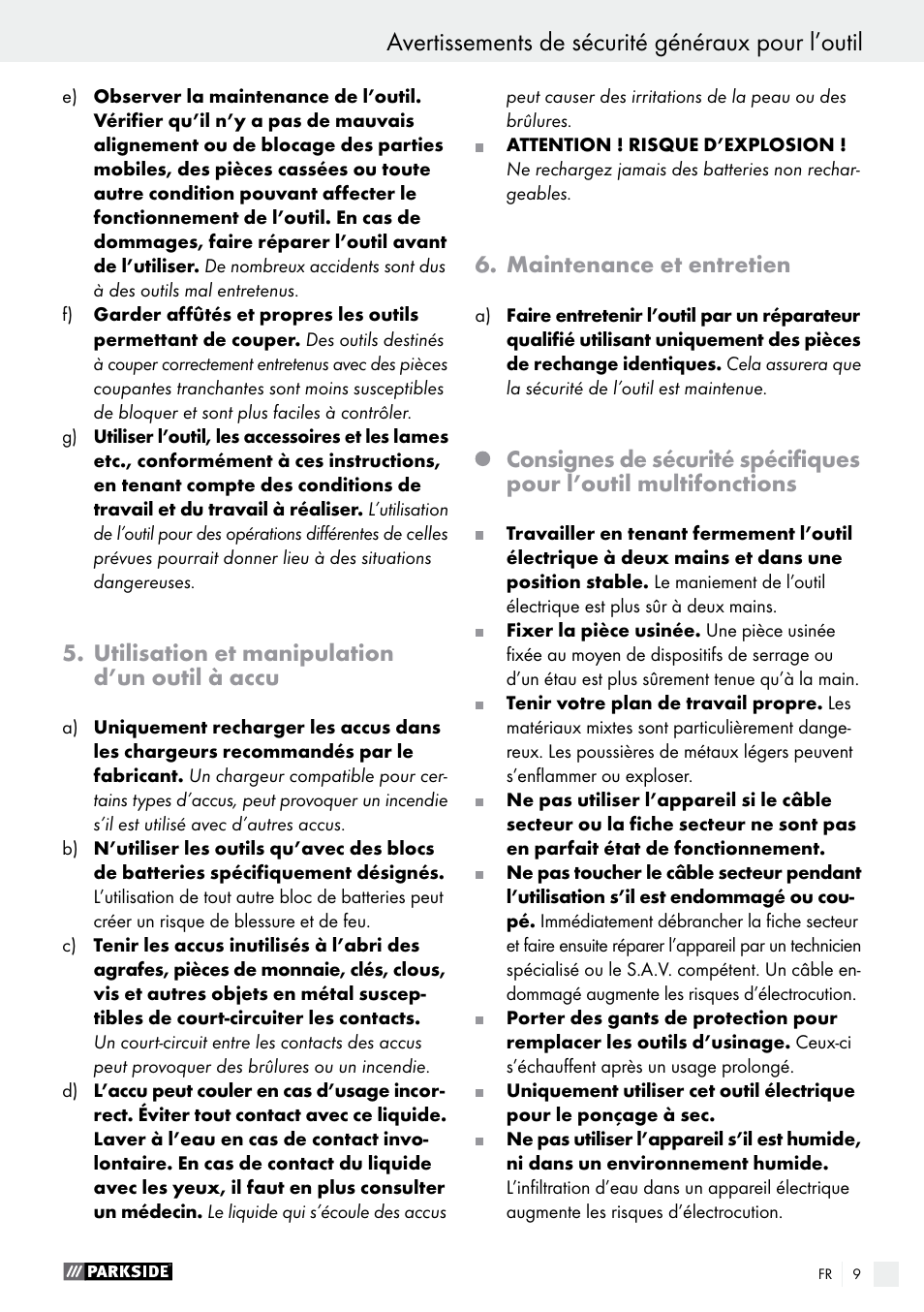 Avertissements de sécurité généraux pour l’outil, Utilisation et manipulation d’un outil à accu, Maintenance et entretien | Parkside PAMFW 10.8 A1 User Manual | Page 9 / 34