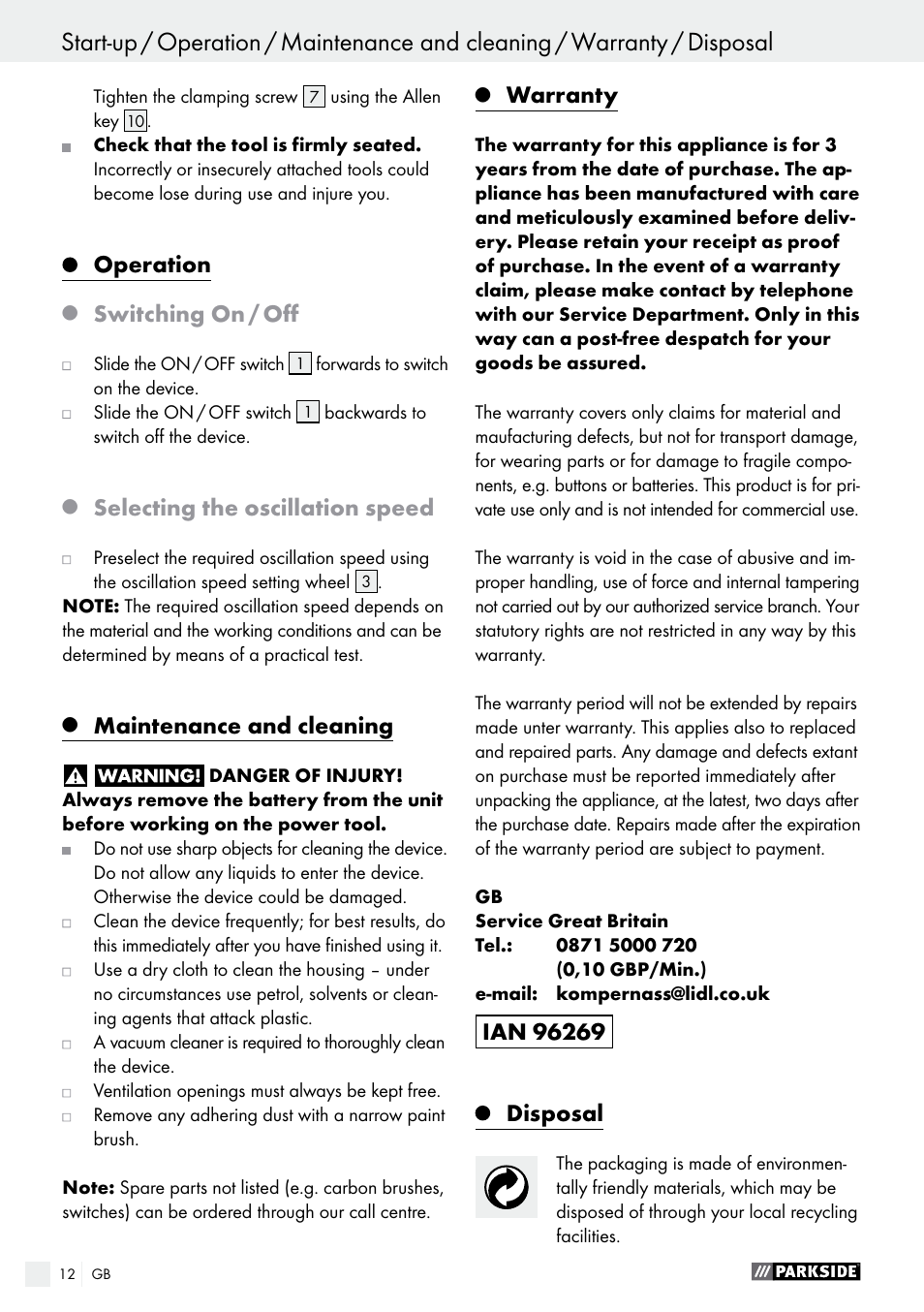 Operation, Switching on / off, Selecting the oscillation speed | Maintenance and cleaning, Warranty | Parkside PAMFW 10.8 A1 User Manual | Page 12 / 77
