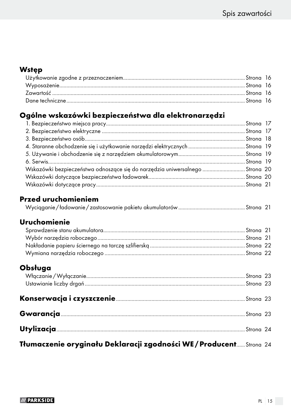 Spis zawartości | Parkside PAMFW 10.8 A1 User Manual | Page 15 / 77