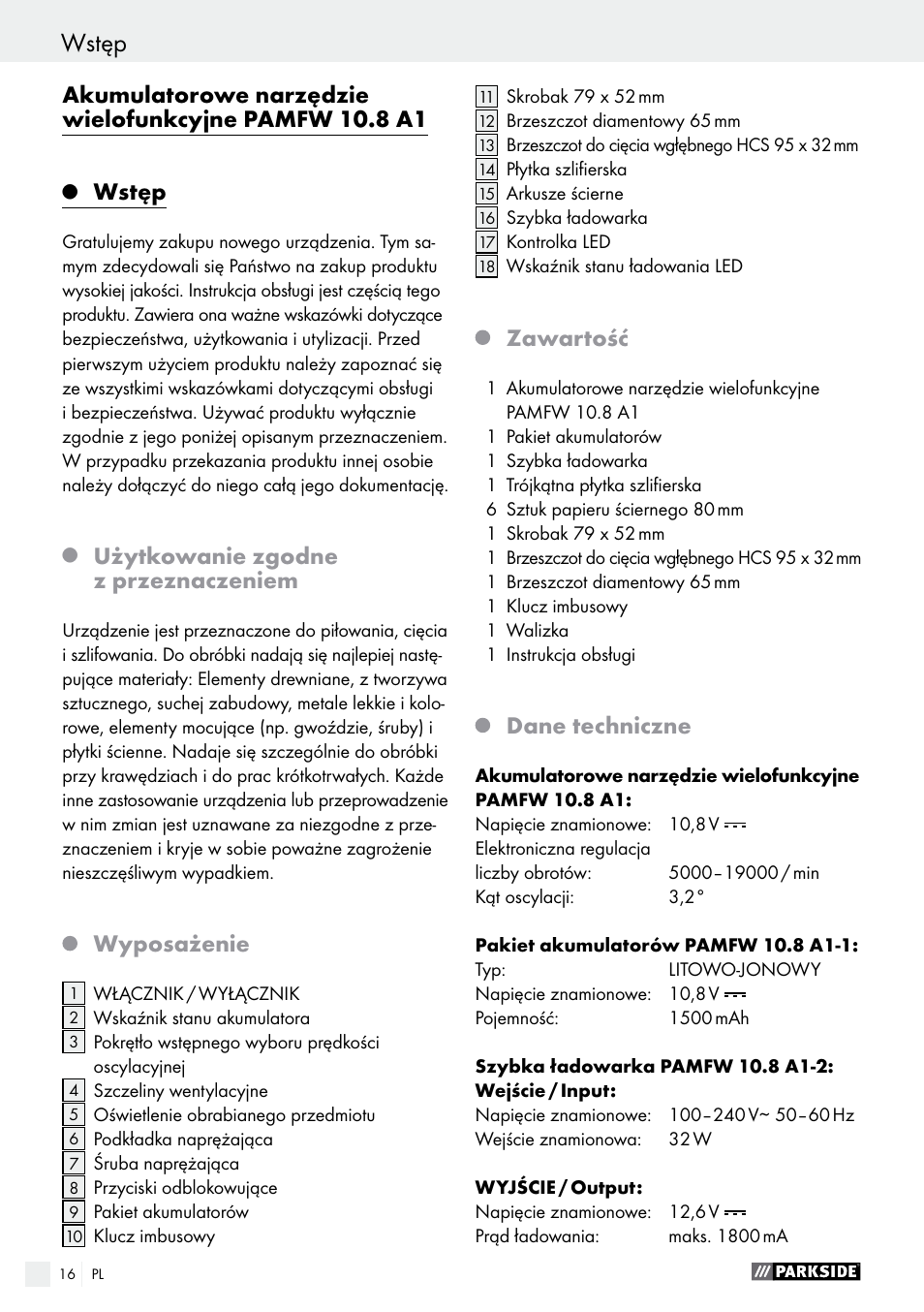 Wstęp, Użytkowanie zgodne z przeznaczeniem, Wyposażenie | Zawartość, Dane techniczne | Parkside PAMFW 10.8 A1 User Manual | Page 16 / 77