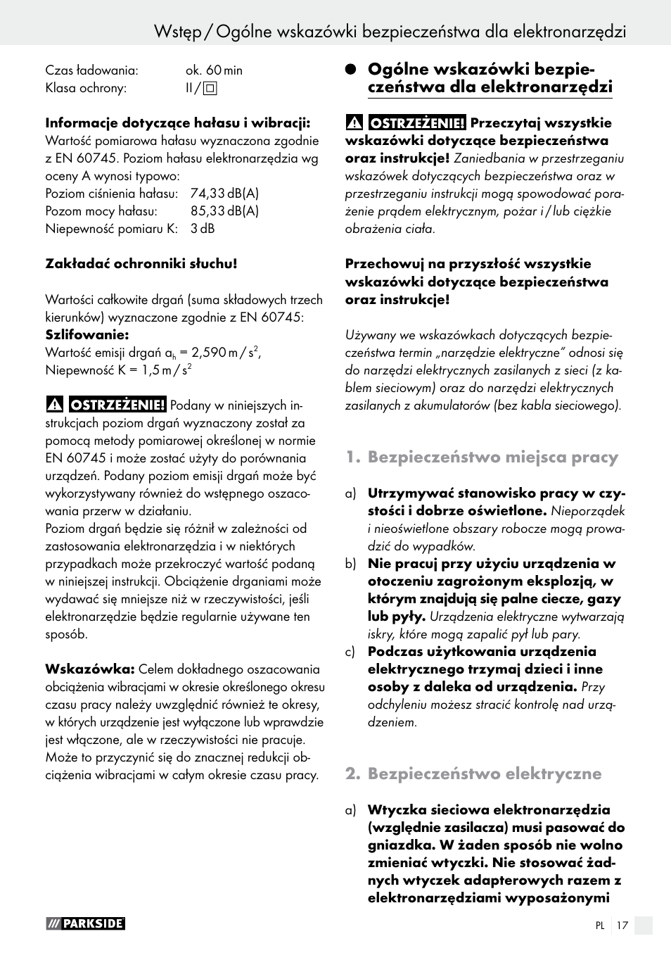 Bezpieczeństwo miejsca pracy, Bezpieczeństwo elektryczne | Parkside PAMFW 10.8 A1 User Manual | Page 17 / 77