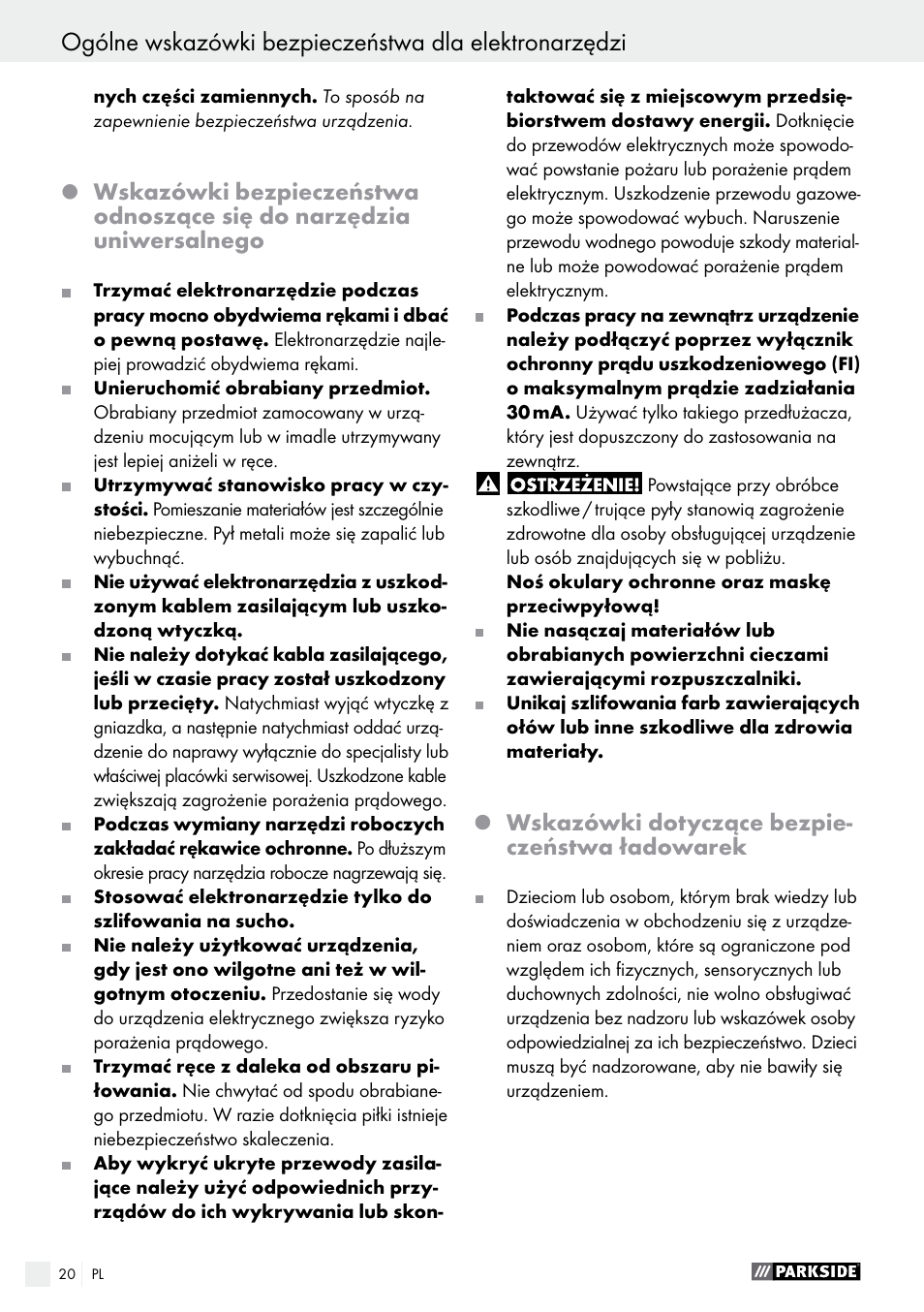 Wskazówki dotyczące bezpie- czeństwa ładowarek | Parkside PAMFW 10.8 A1 User Manual | Page 20 / 77