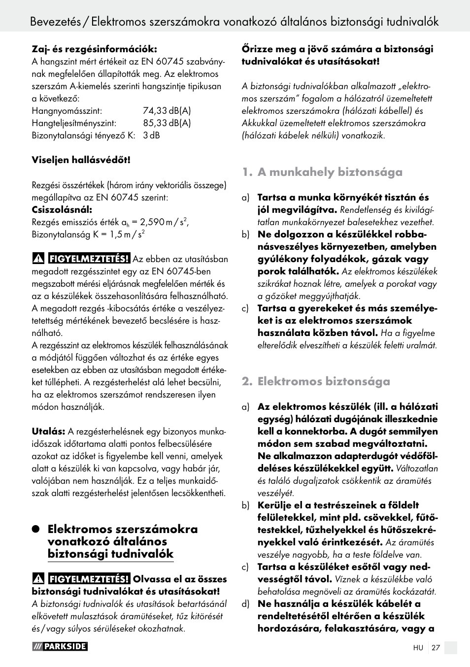 A munkahely biztonsága, Elektromos biztonsága | Parkside PAMFW 10.8 A1 User Manual | Page 27 / 77