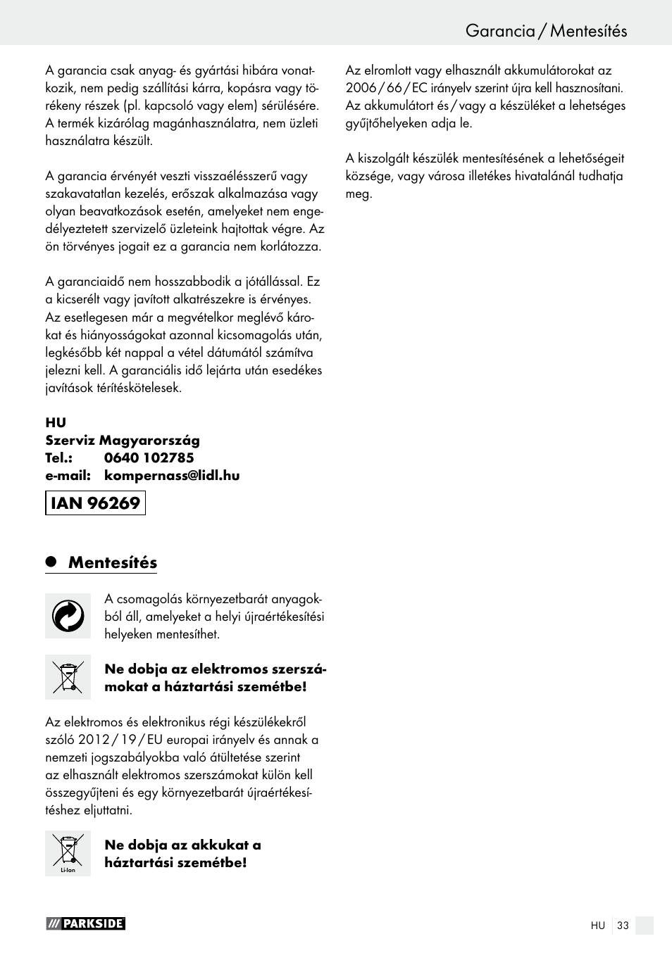 Garancia / mentesítés, Mentesítés | Parkside PAMFW 10.8 A1 User Manual | Page 33 / 77